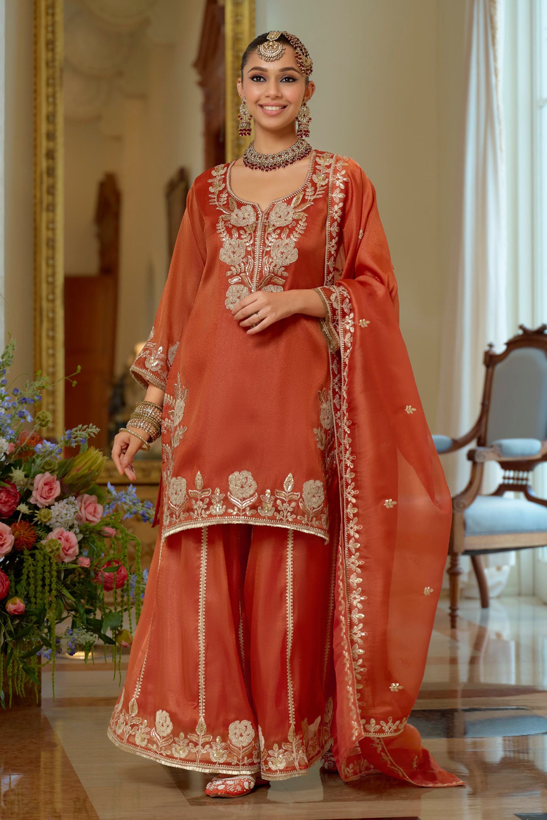 Orange Readymade Embroidered Shimmer Palazzo Suit-SAR11665_4_SareeButa.com