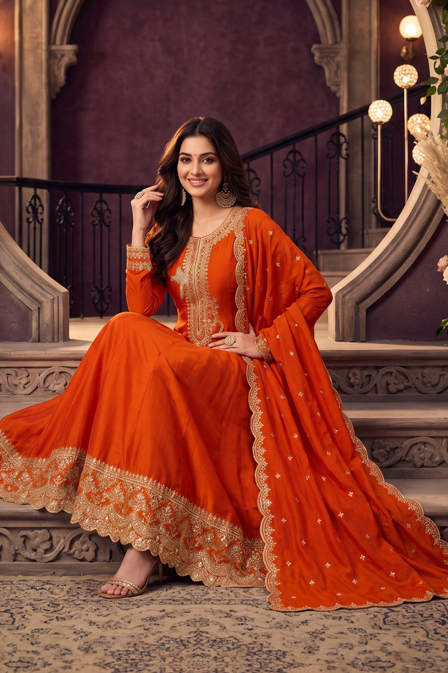 Orange Readymade Embroidered Silk Anarkali Suit-SAR13094_2_SareeButa.com