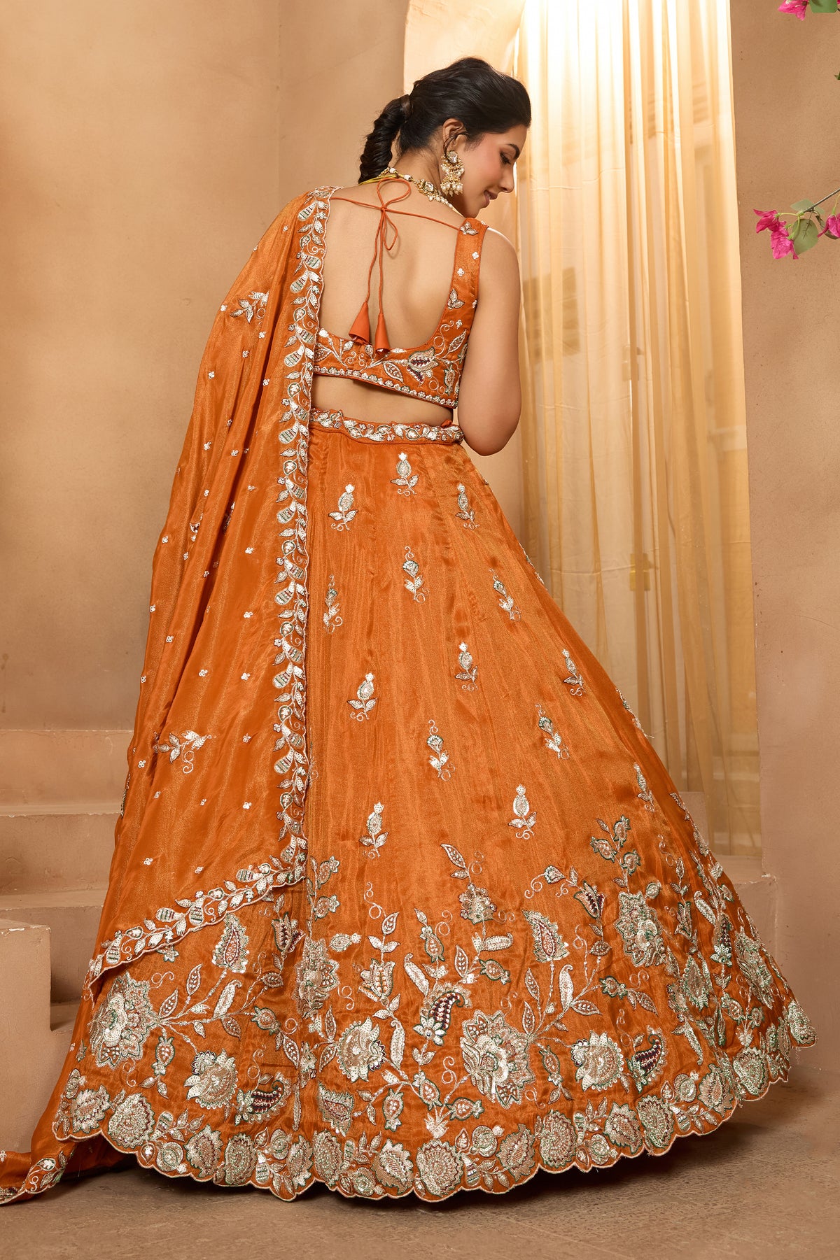 Orange Readymade Embroidered Tissue Lehenga-SAR12867_3_SareeButa.com