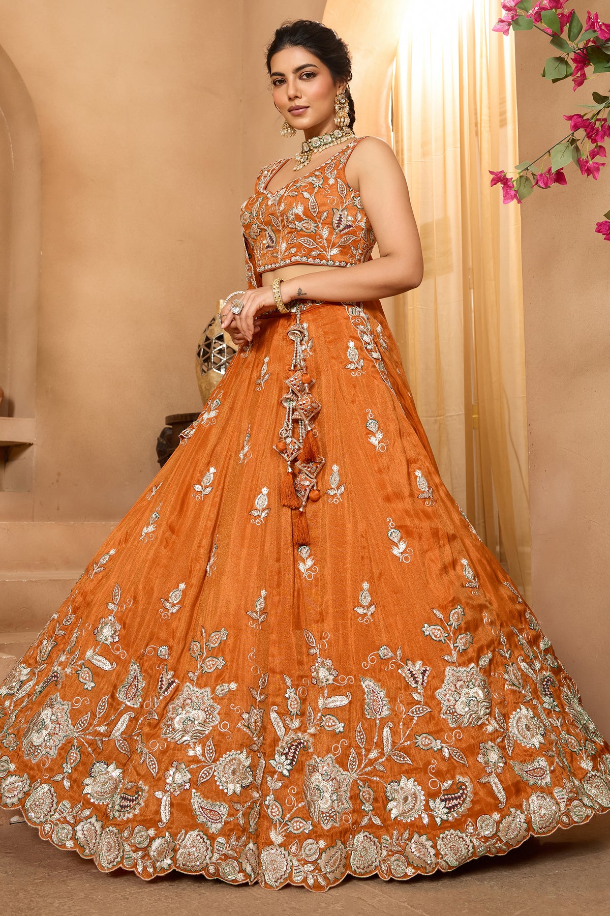 Orange Readymade Embroidered Tissue Lehenga-SAR12867_6_SareeButa.com