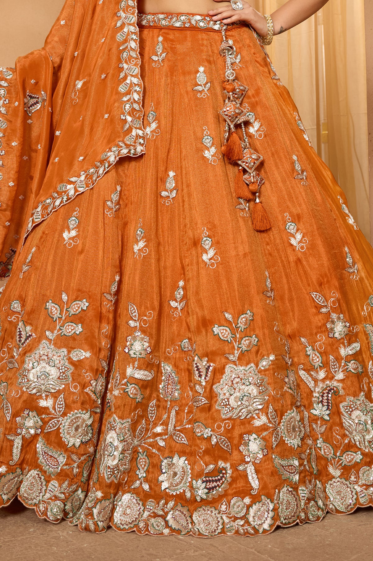 Orange Readymade Embroidered Tissue Lehenga-SAR12867_7_SareeButa.com