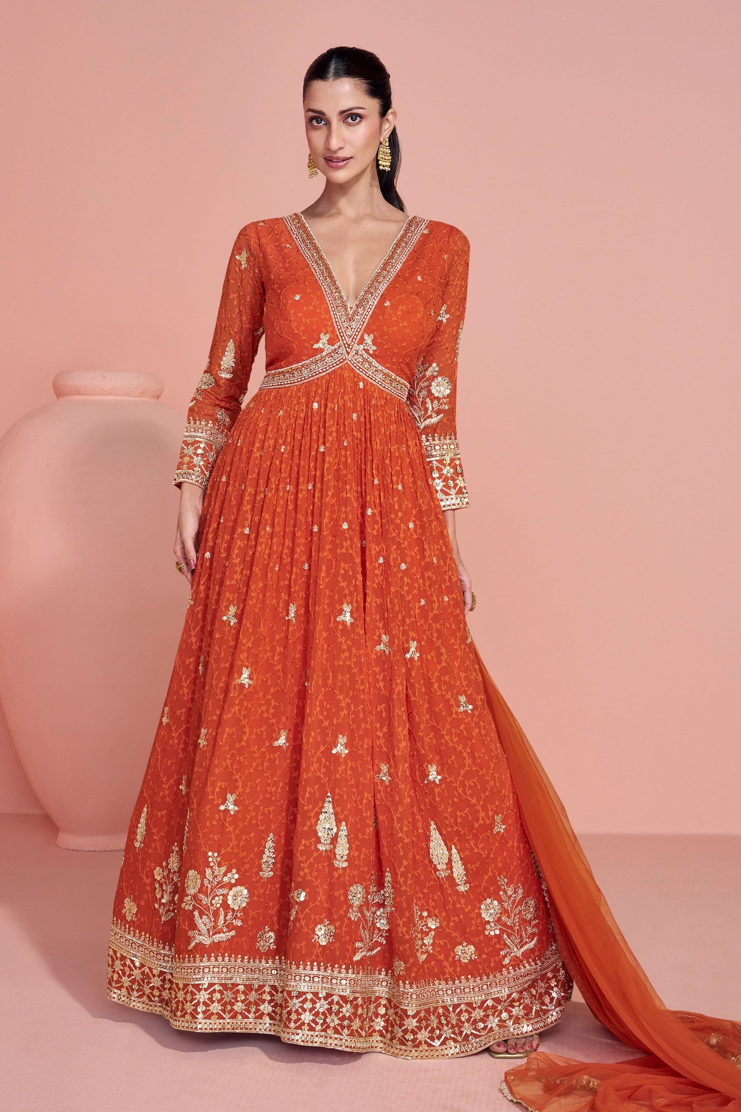 Orange Readymade Georgette Gown With Dupatta-SAR10924_1_SareeButa.com