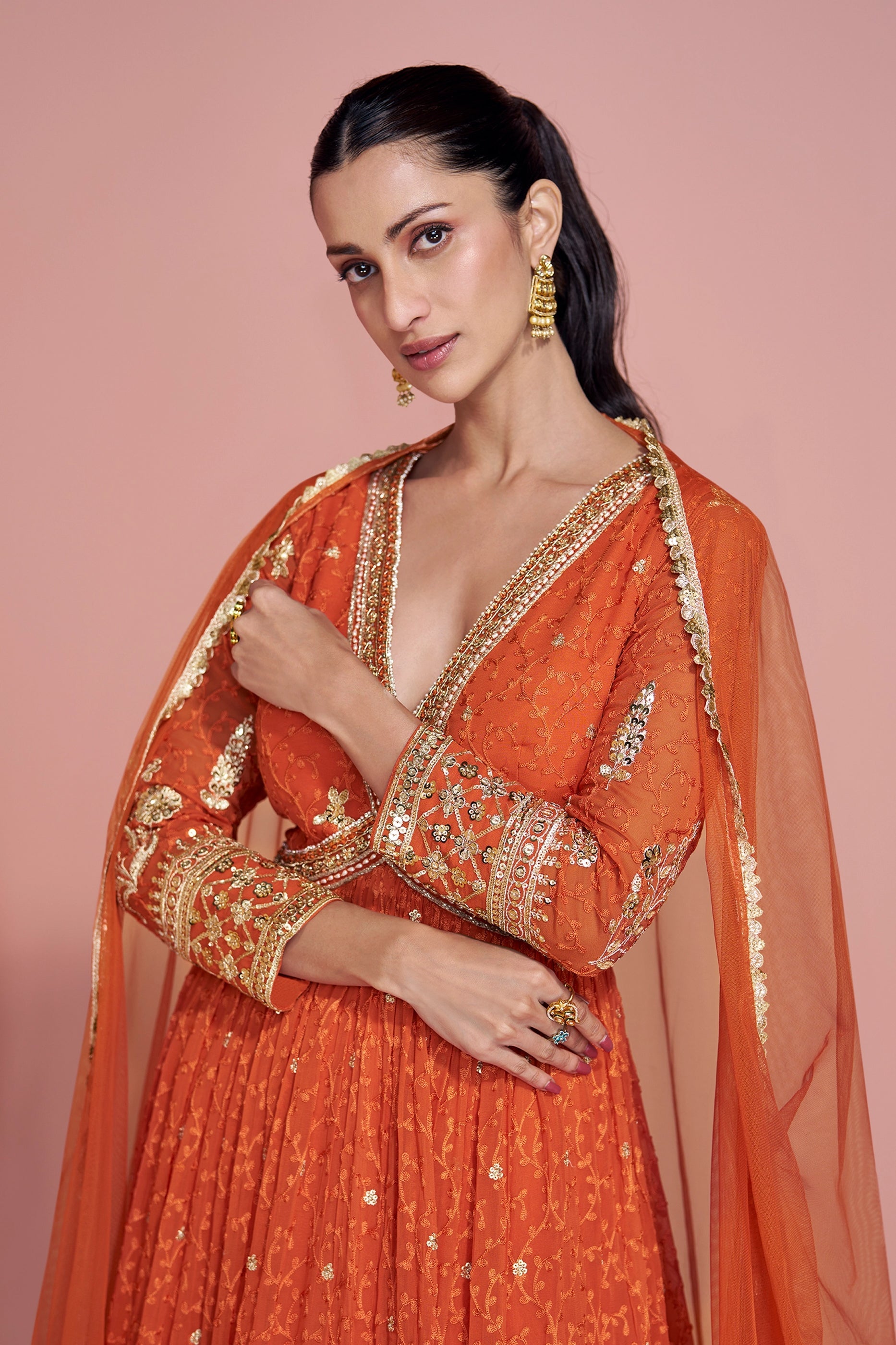 Orange Readymade Georgette Gown With Dupatta-SAR10924_2_SareeButa.com