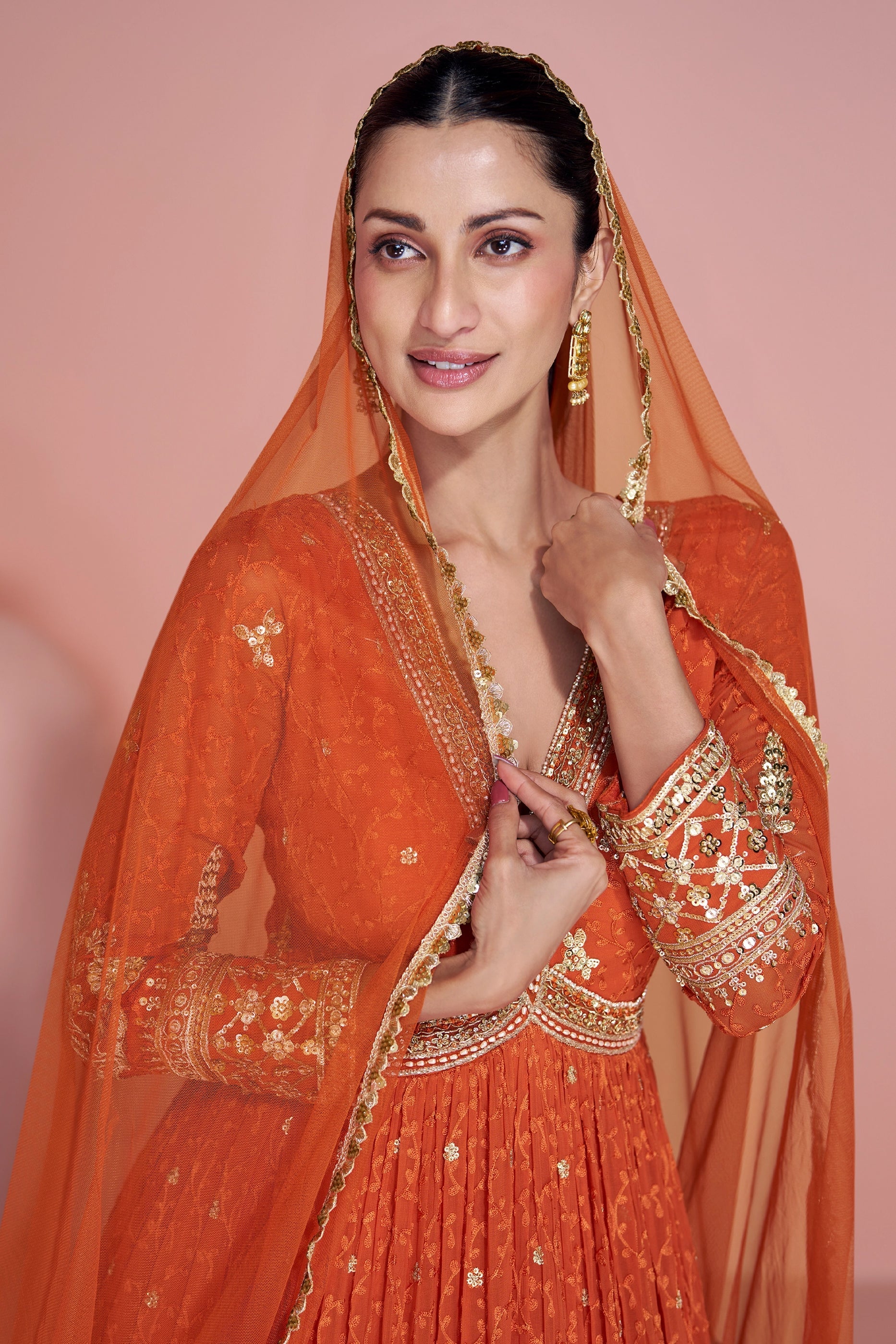 Orange Readymade Georgette Gown With Dupatta-SAR10924_3_SareeButa.com