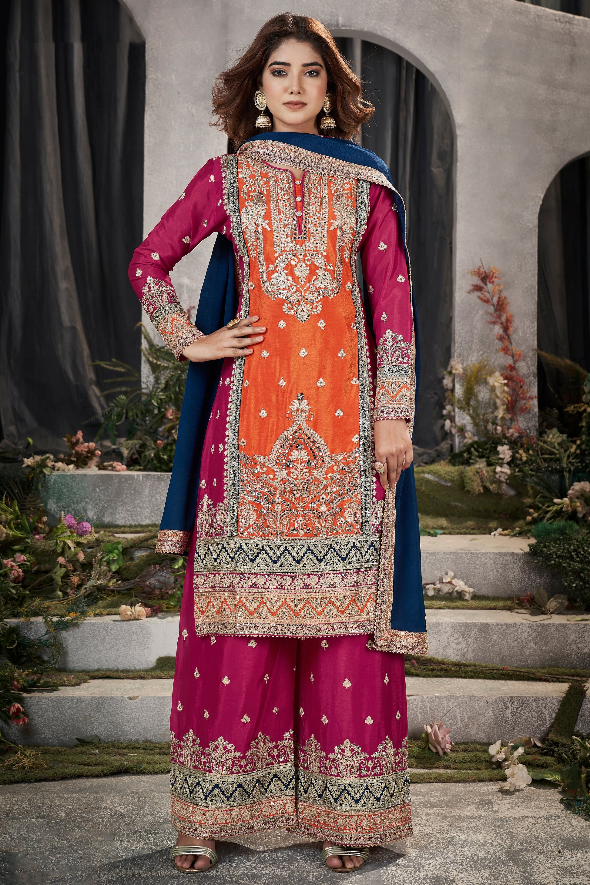 Orange Readymade Heavy Work Chinon Suit-SS081_3_SareeButa.com