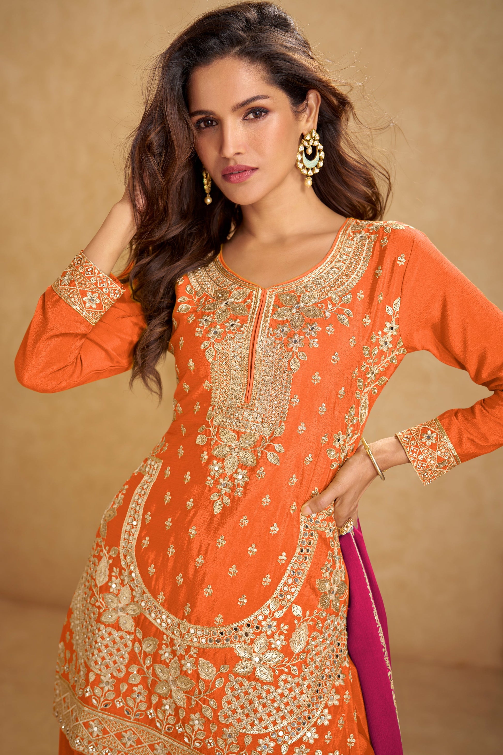 Orange Readymade Heavy Work Chinon Suit-SS665_2_SareeButa.com