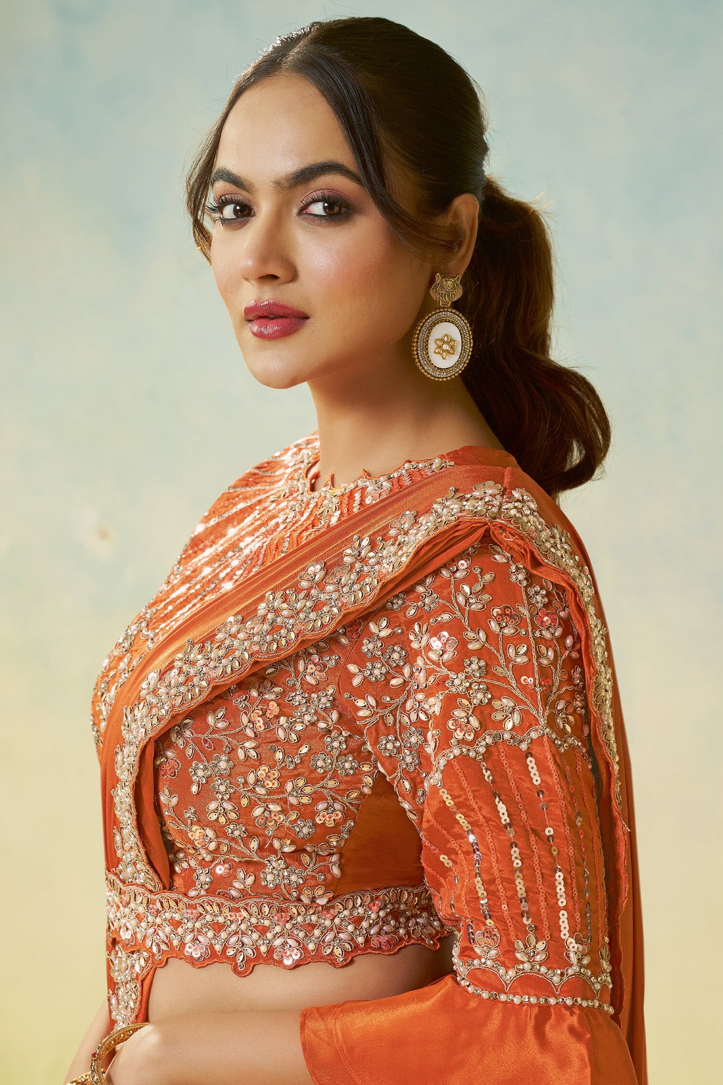 Orange Satin Silk Readymade Saree-SAR11148_2_SareeButa.com