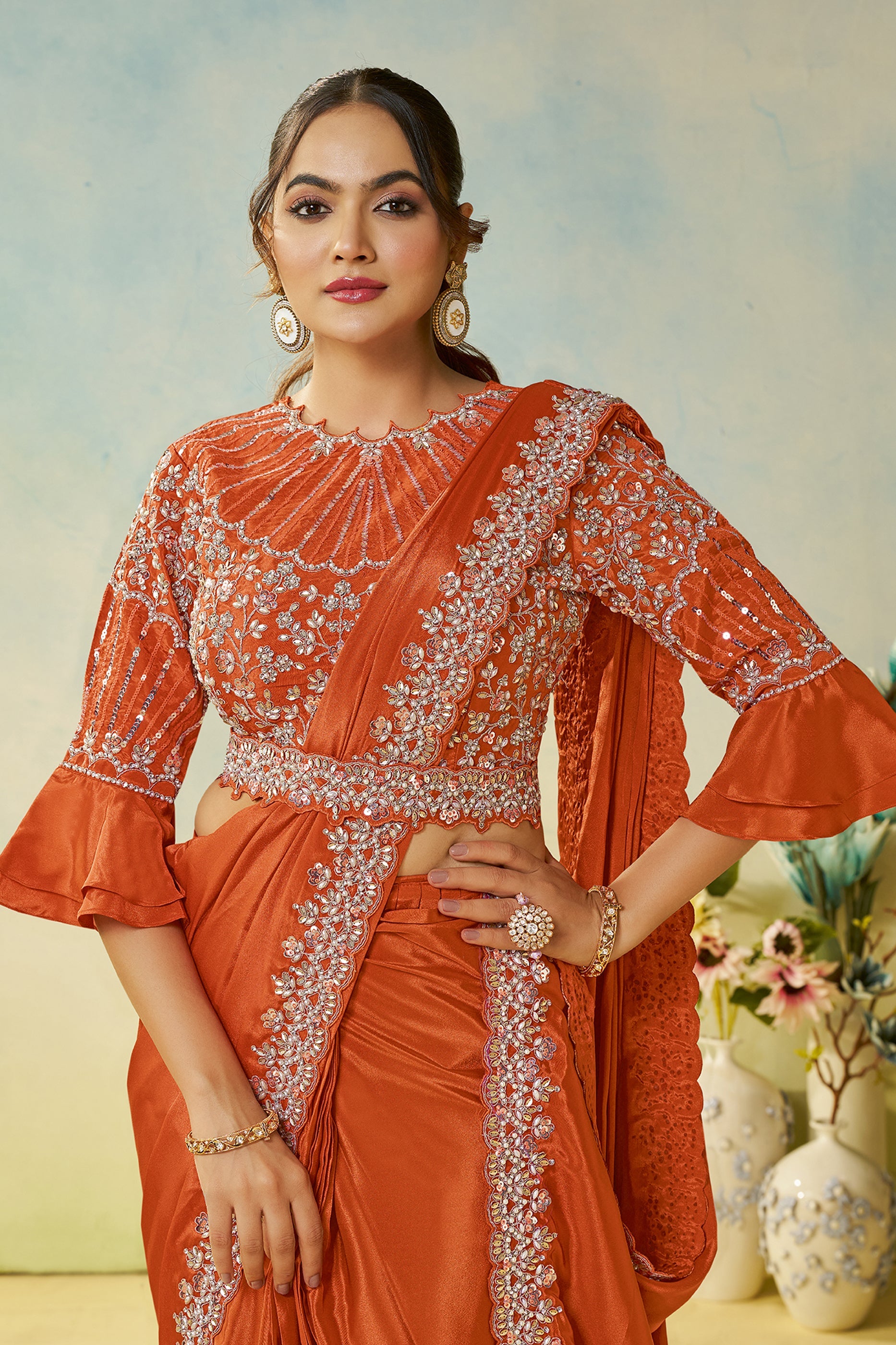 Orange Satin Silk Readymade Saree-SAR11148_3_SareeButa.com