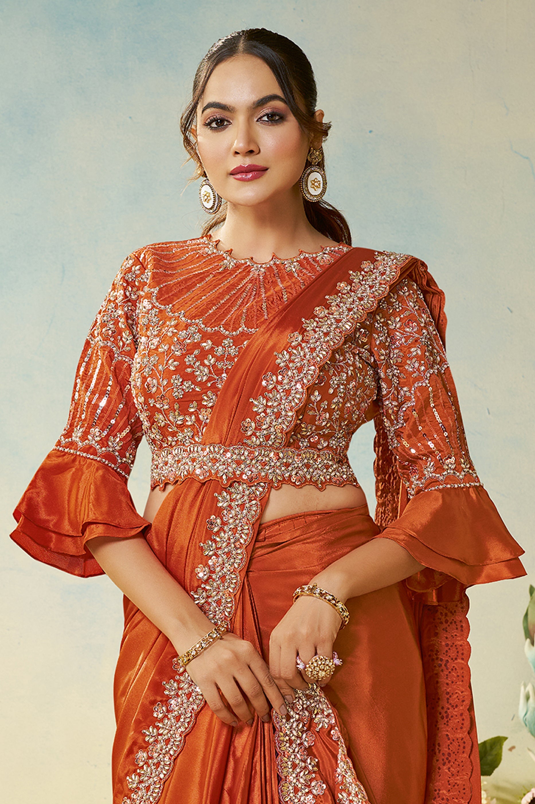 Orange Satin Silk Readymade Saree-SAR11148_4_SareeButa.com