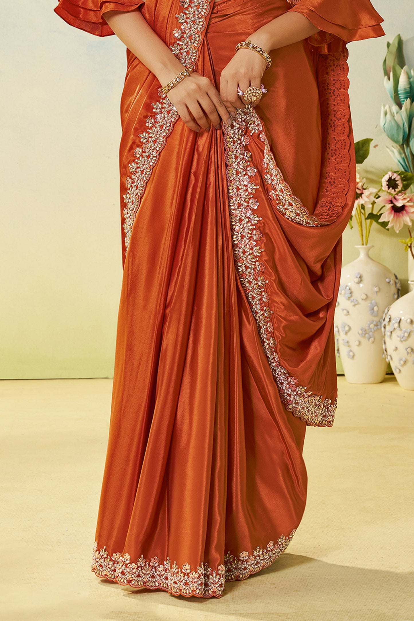 Orange Satin Silk Readymade Saree-SAR11148_5_SareeButa.com