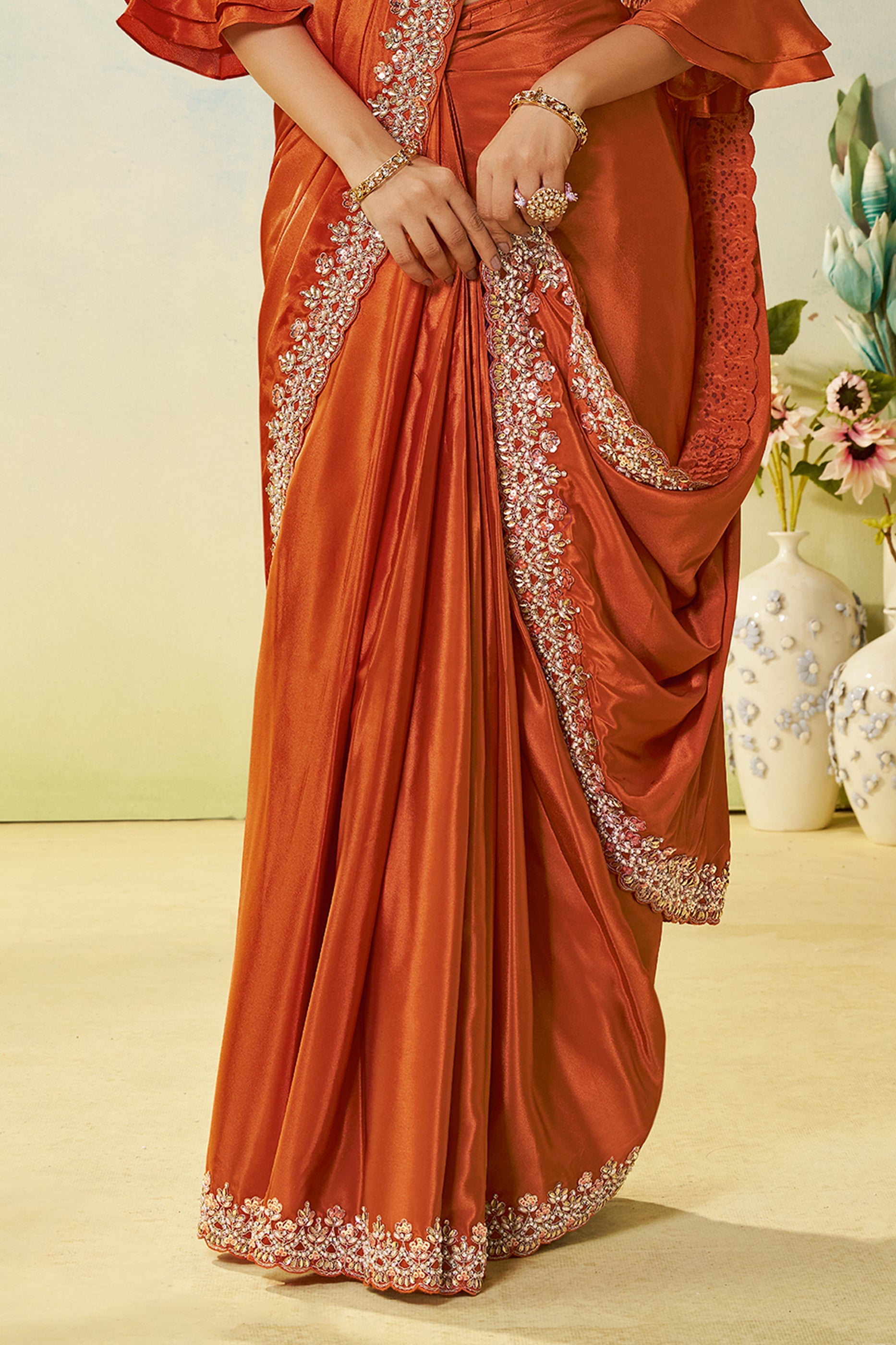 Orange Satin Silk Readymade Saree-SAR11148_5_SareeButa.com