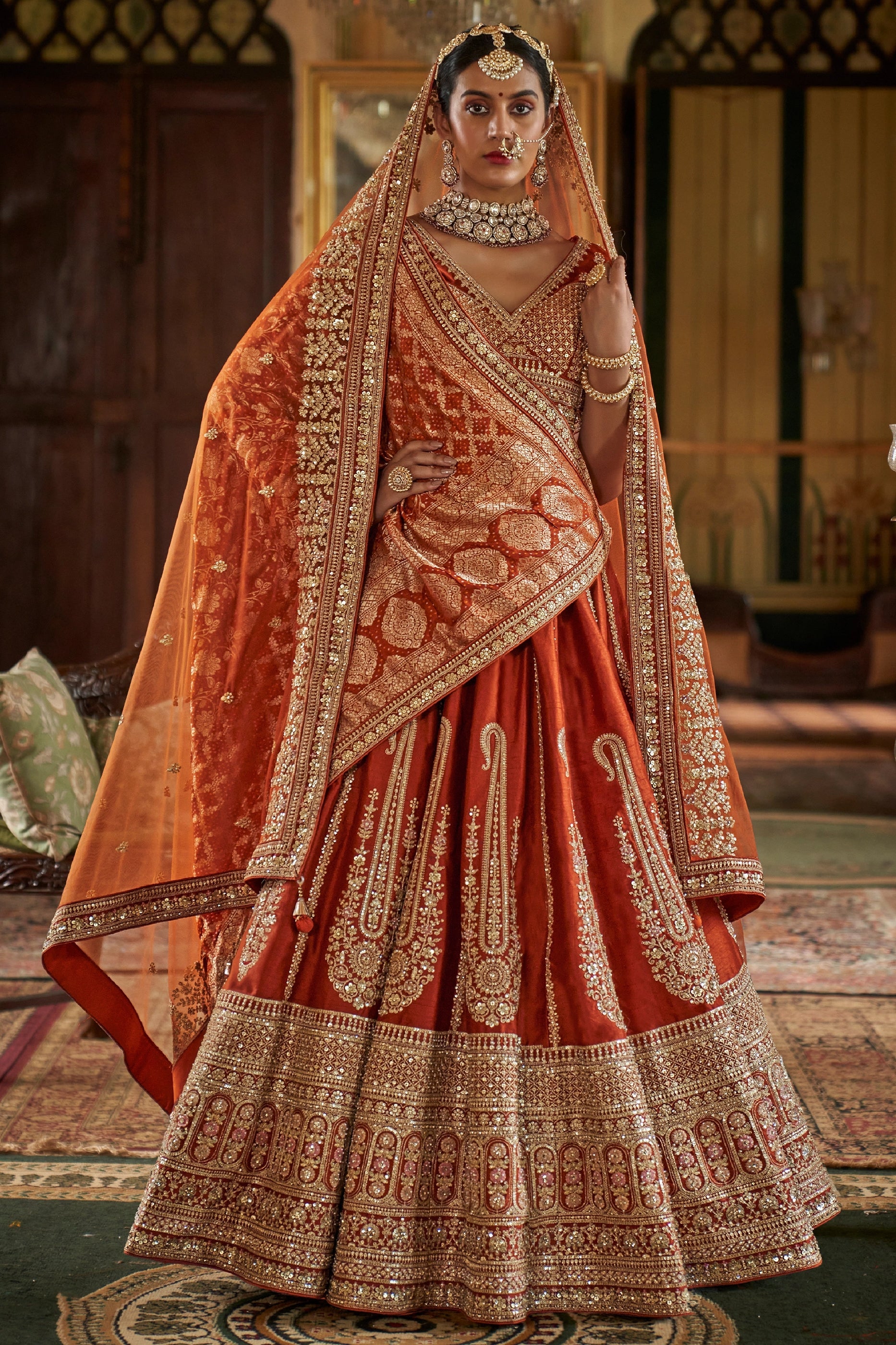 Orange Semi-Stitched Embroidered Silk Lehenga-SAR10327_1_SareeButa.com