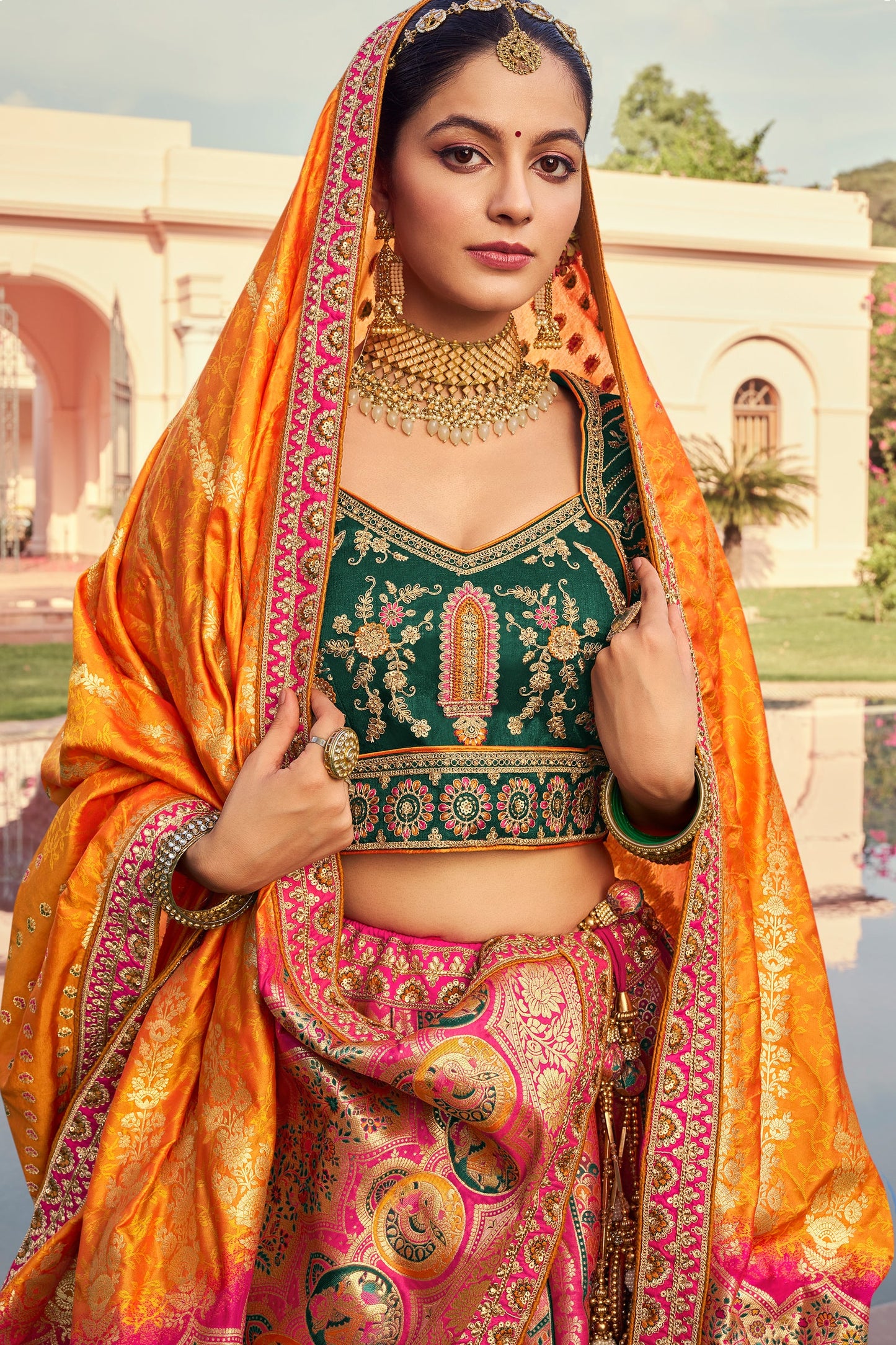 Orange Semi Stitched Heavy Work Banarasi Silk Lehenga-LC192_2_SareeButa.com