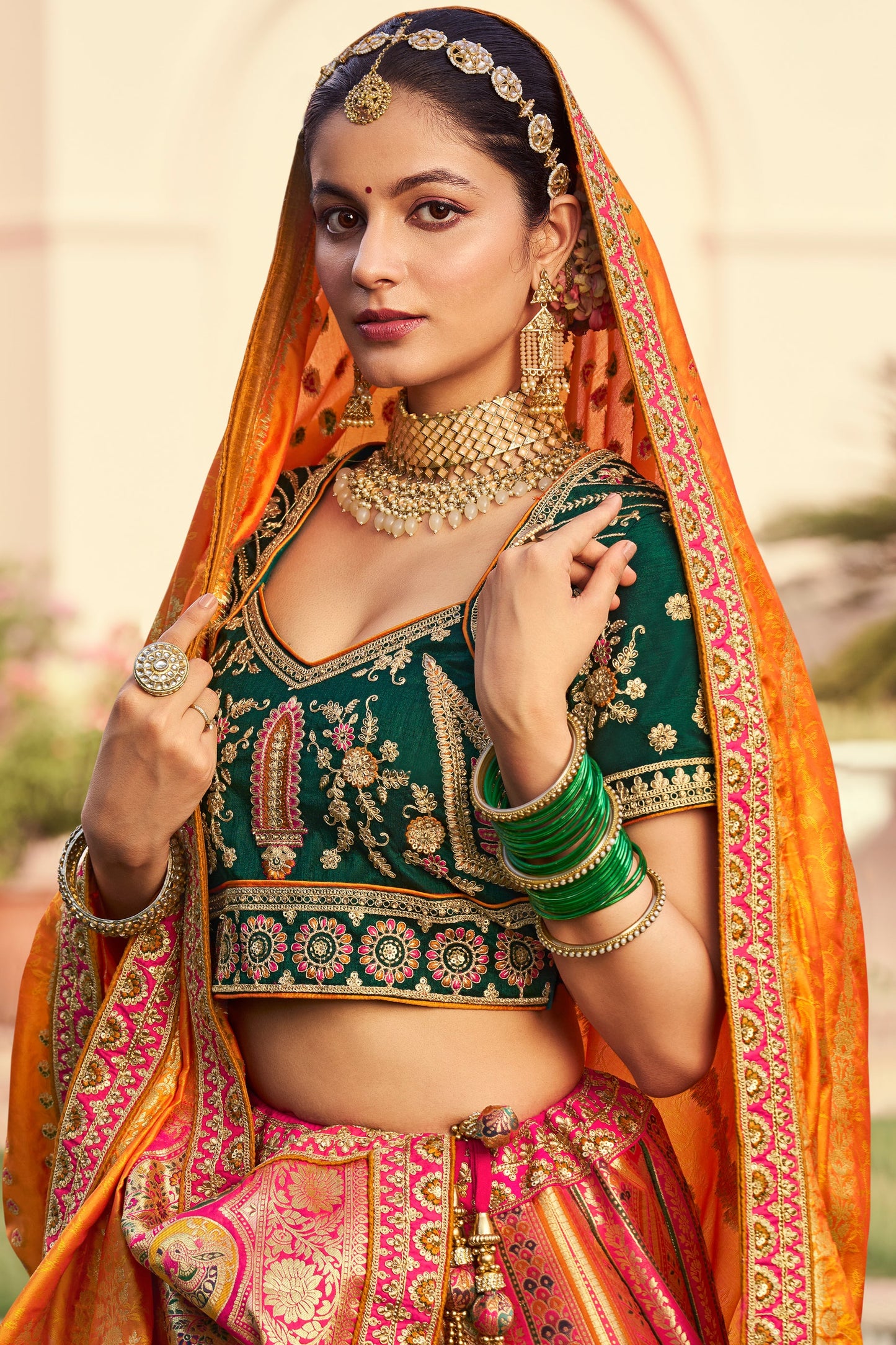 Orange Semi Stitched Heavy Work Banarasi Silk Lehenga-LC192_3_SareeButa.com