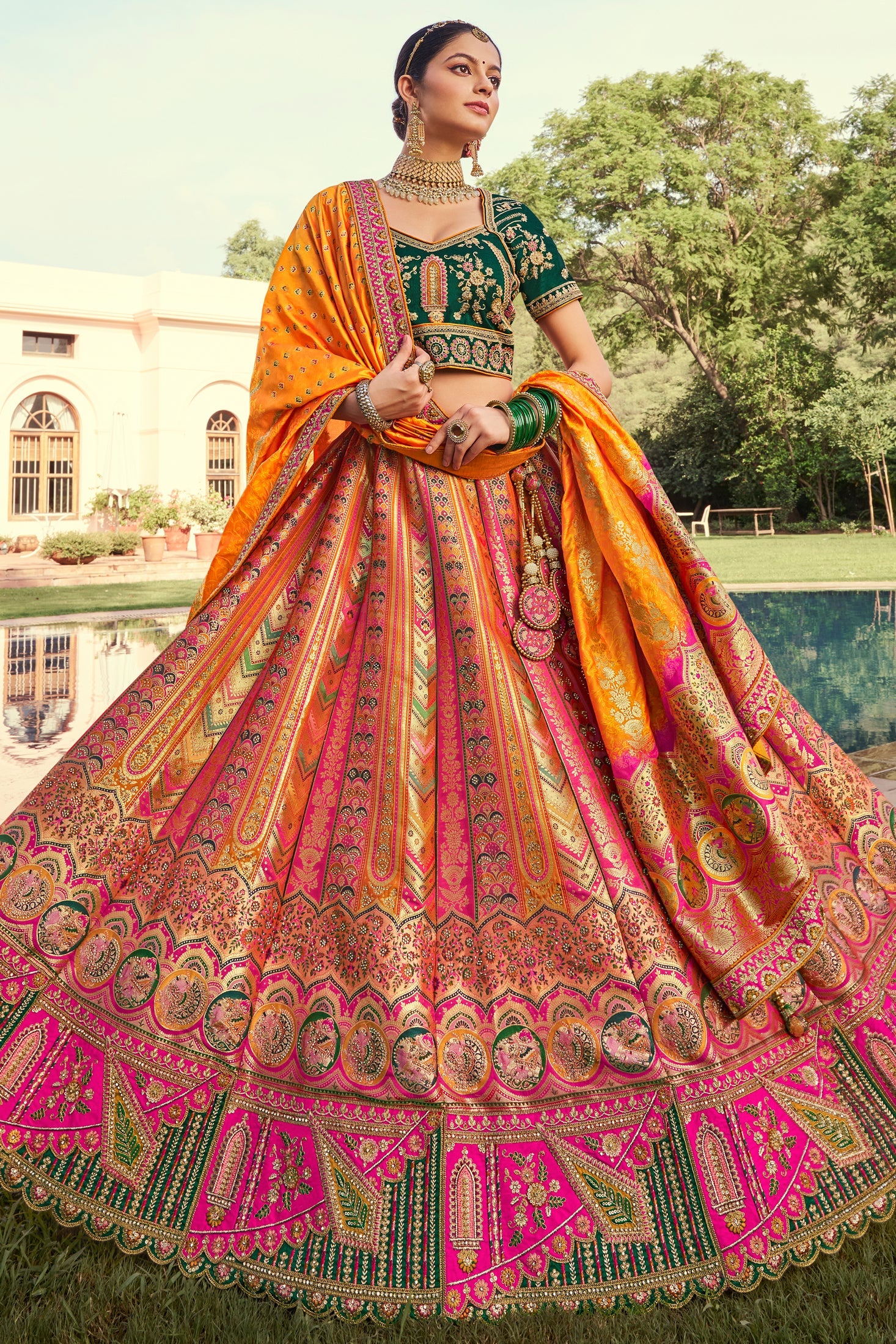 Orange Semi Stitched Heavy Work Banarasi Silk Lehenga-LC192_4_SareeButa.com