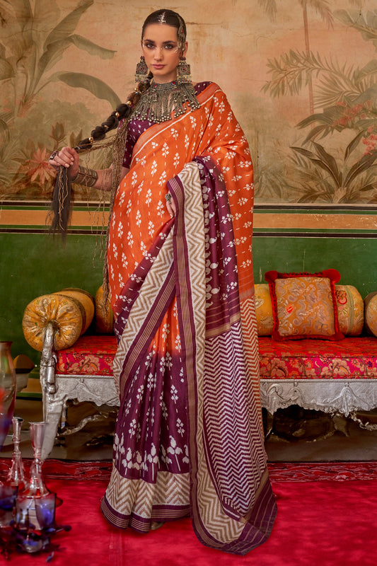 Orange Wine Printed Silk Saree-ZB133421_1_SareeButa.com