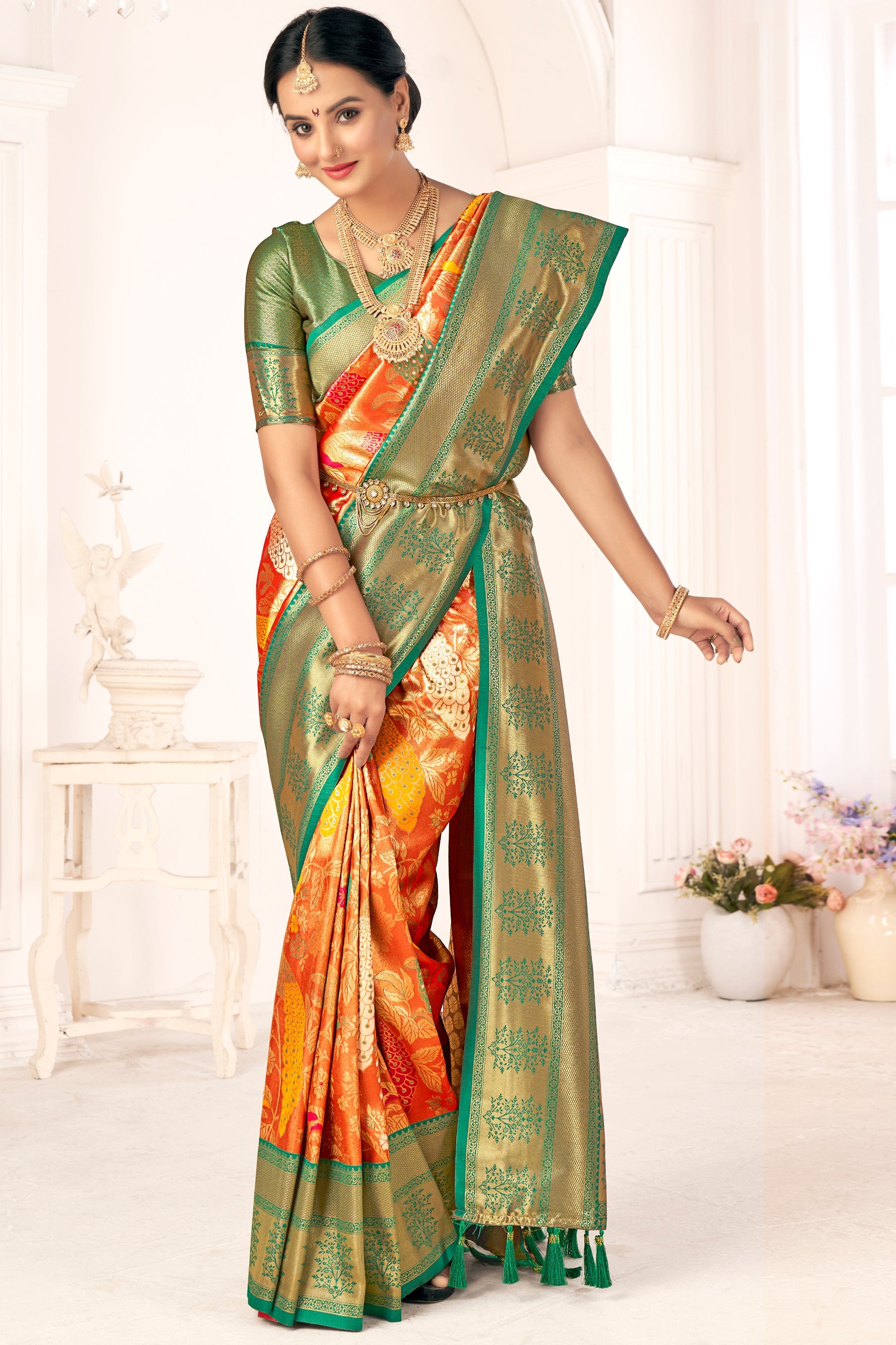 Orange Woven Silk Saree-ZB132407_1