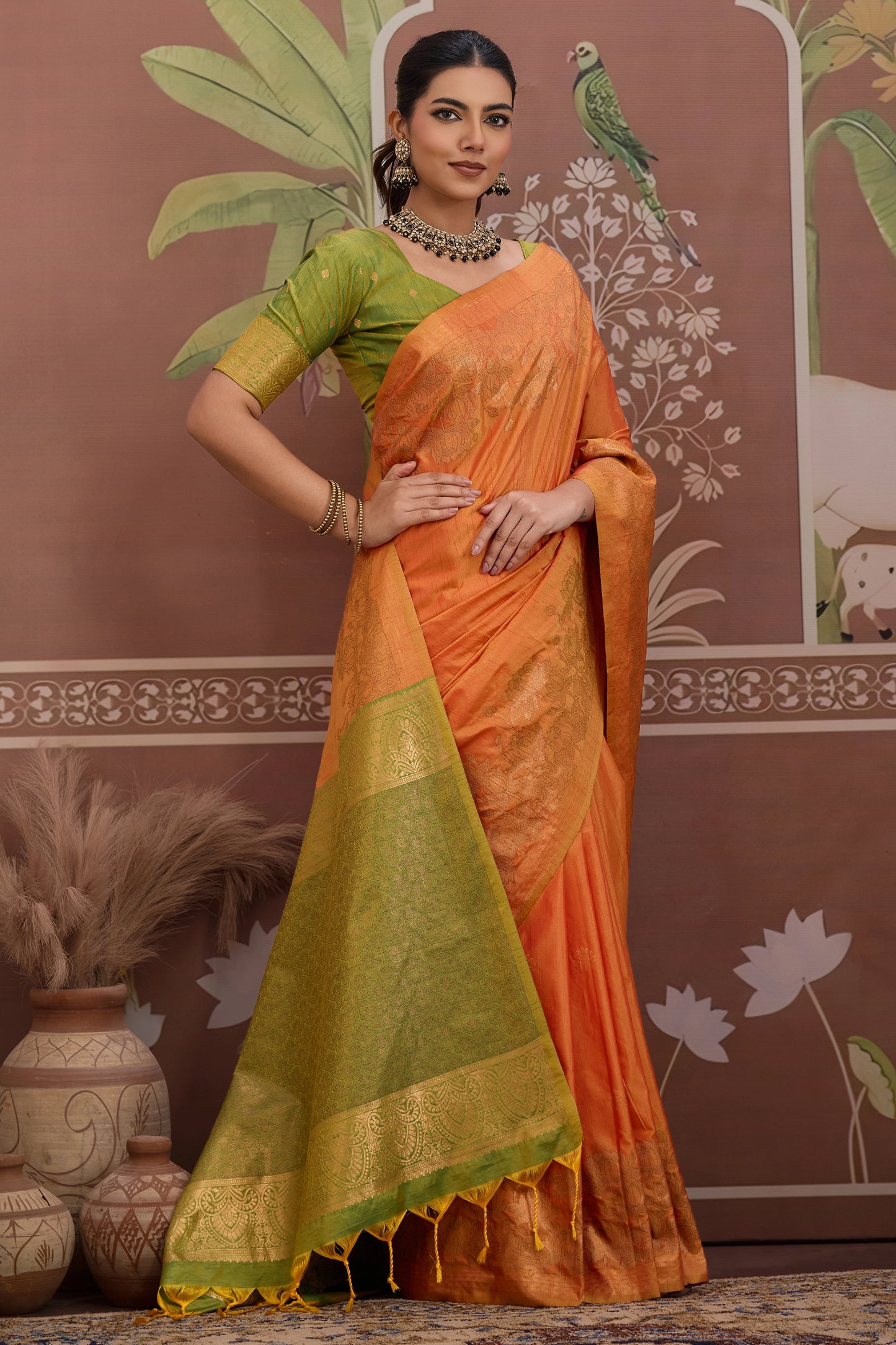Orange Woven Tussar Silk Saree-SAR12307_1_SareeButa.com