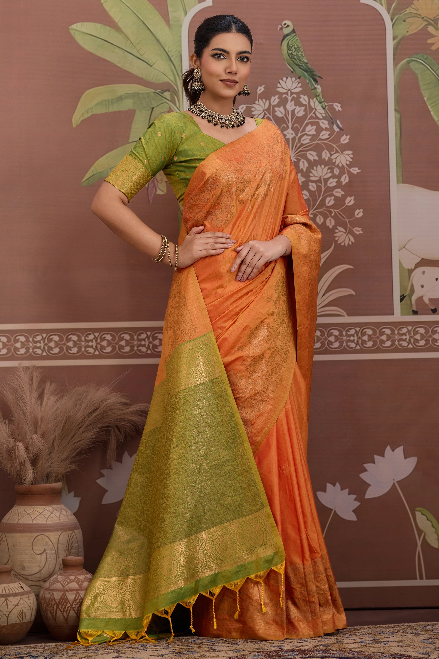 Orange Woven Tussar Silk Saree-SAR12307_1_SareeButa.com