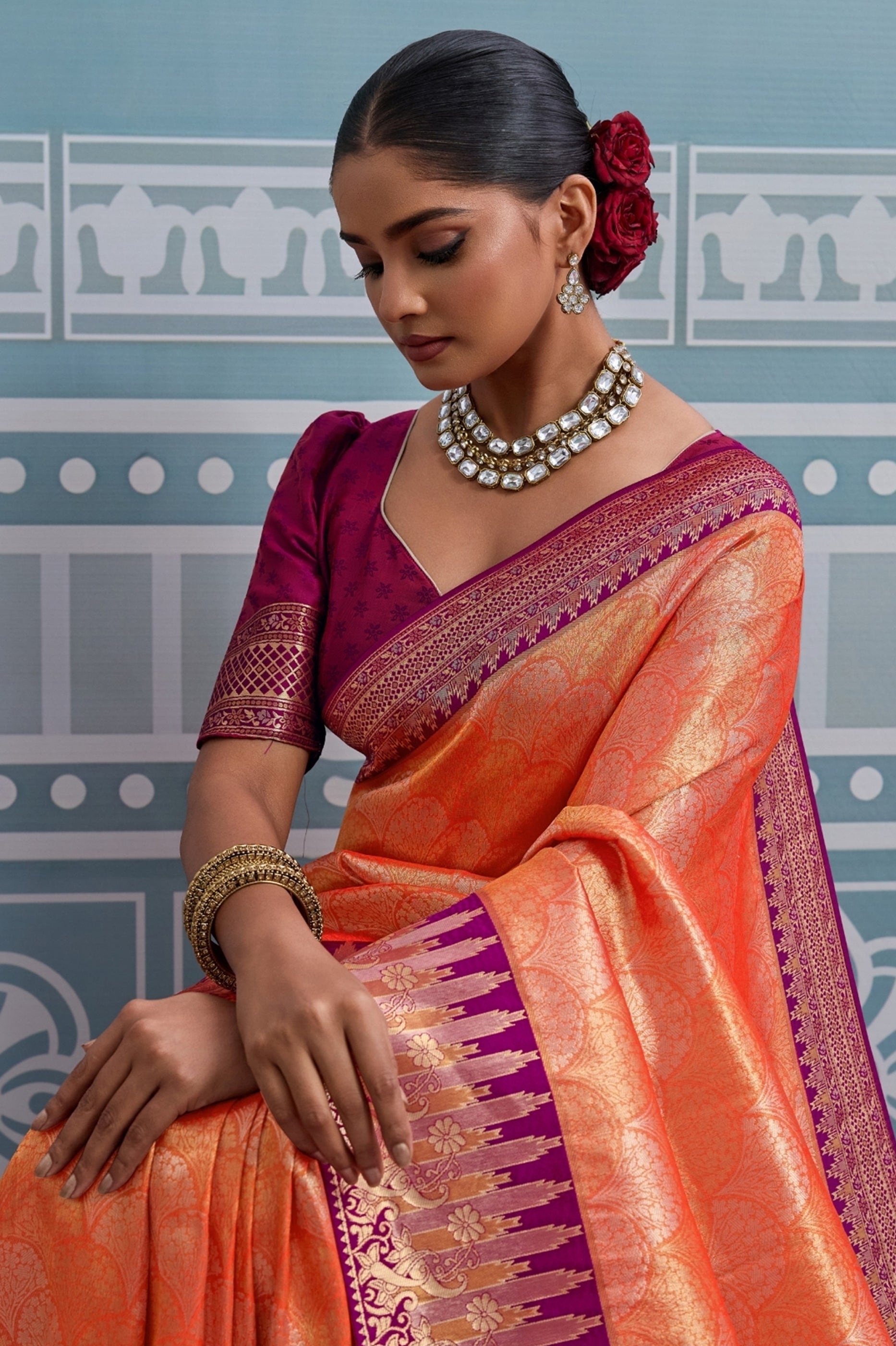 Orange and Magenta Woven Kanjivaram Silk Saree-SAR10374_2_SareeButa.com
