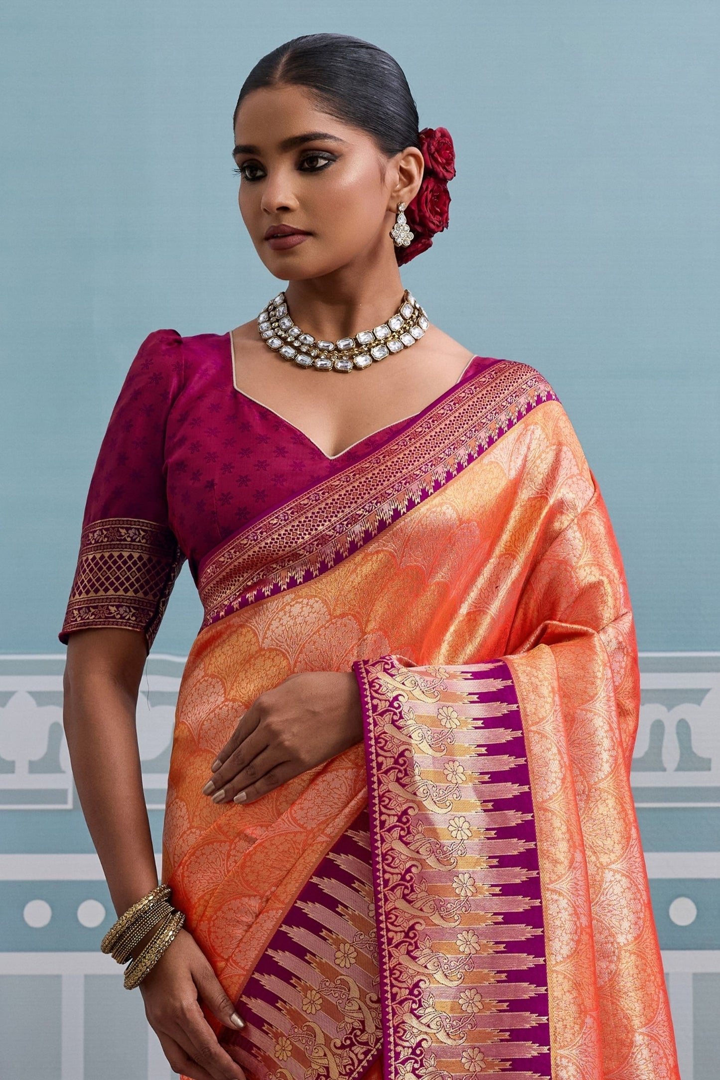 Orange and Magenta Woven Kanjivaram Silk Saree-SAR10374_3_SareeButa.com