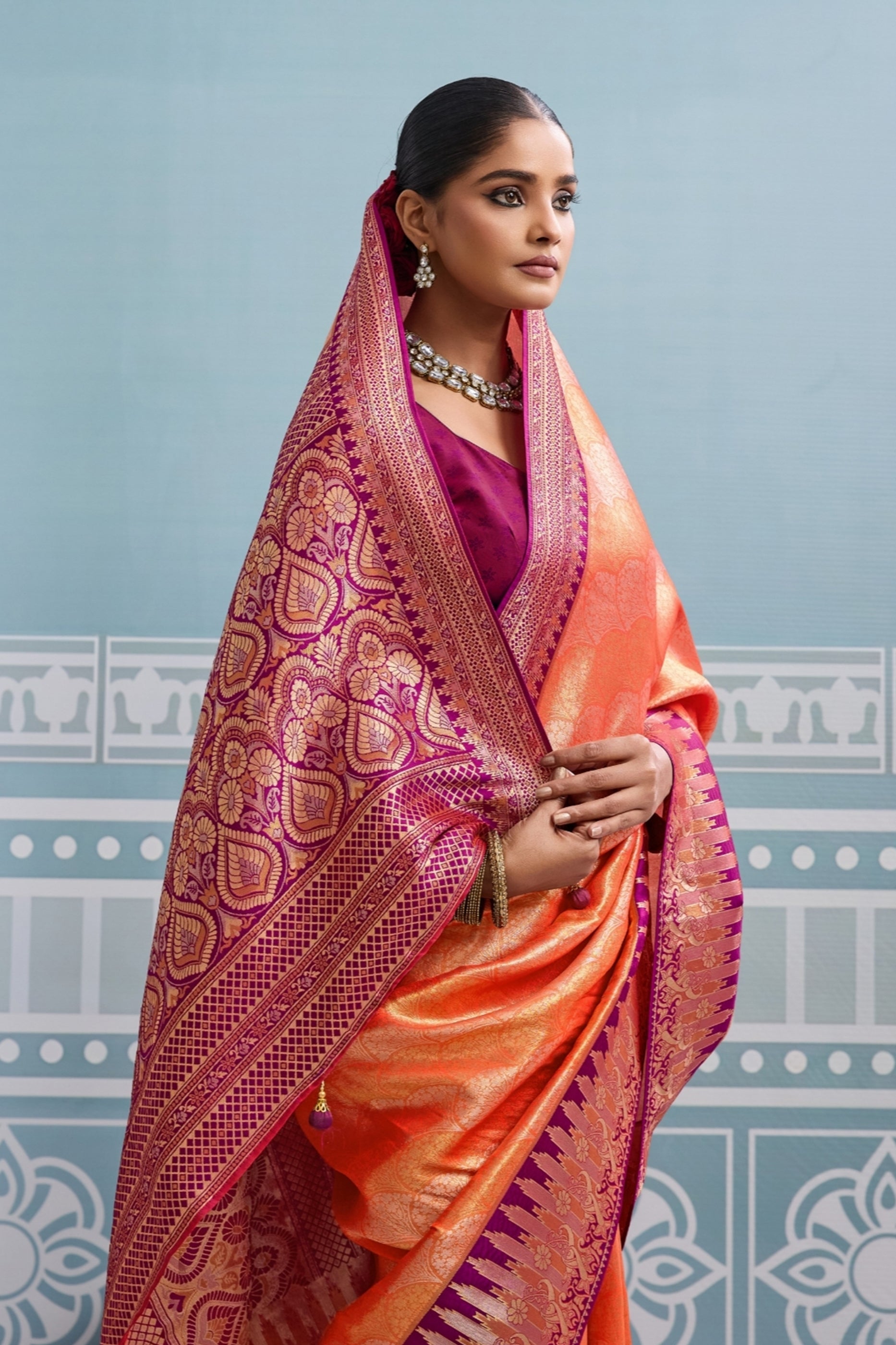Orange and Magenta Woven Kanjivaram Silk Saree-SAR10374_4_SareeButa.com