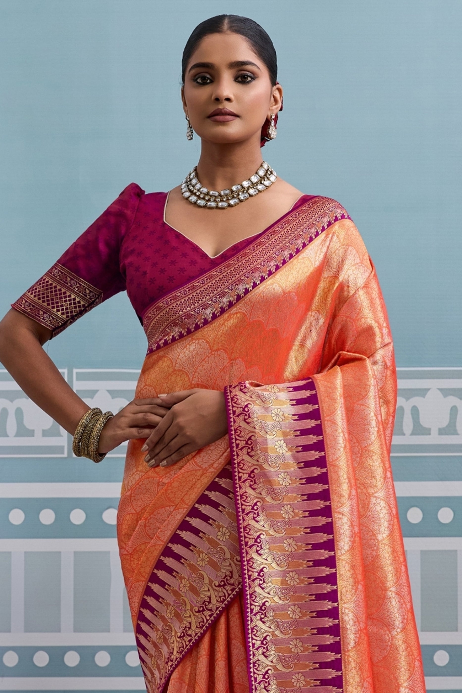 Orange and Magenta Woven Kanjivaram Silk Saree-SAR10374_5_SareeButa.com