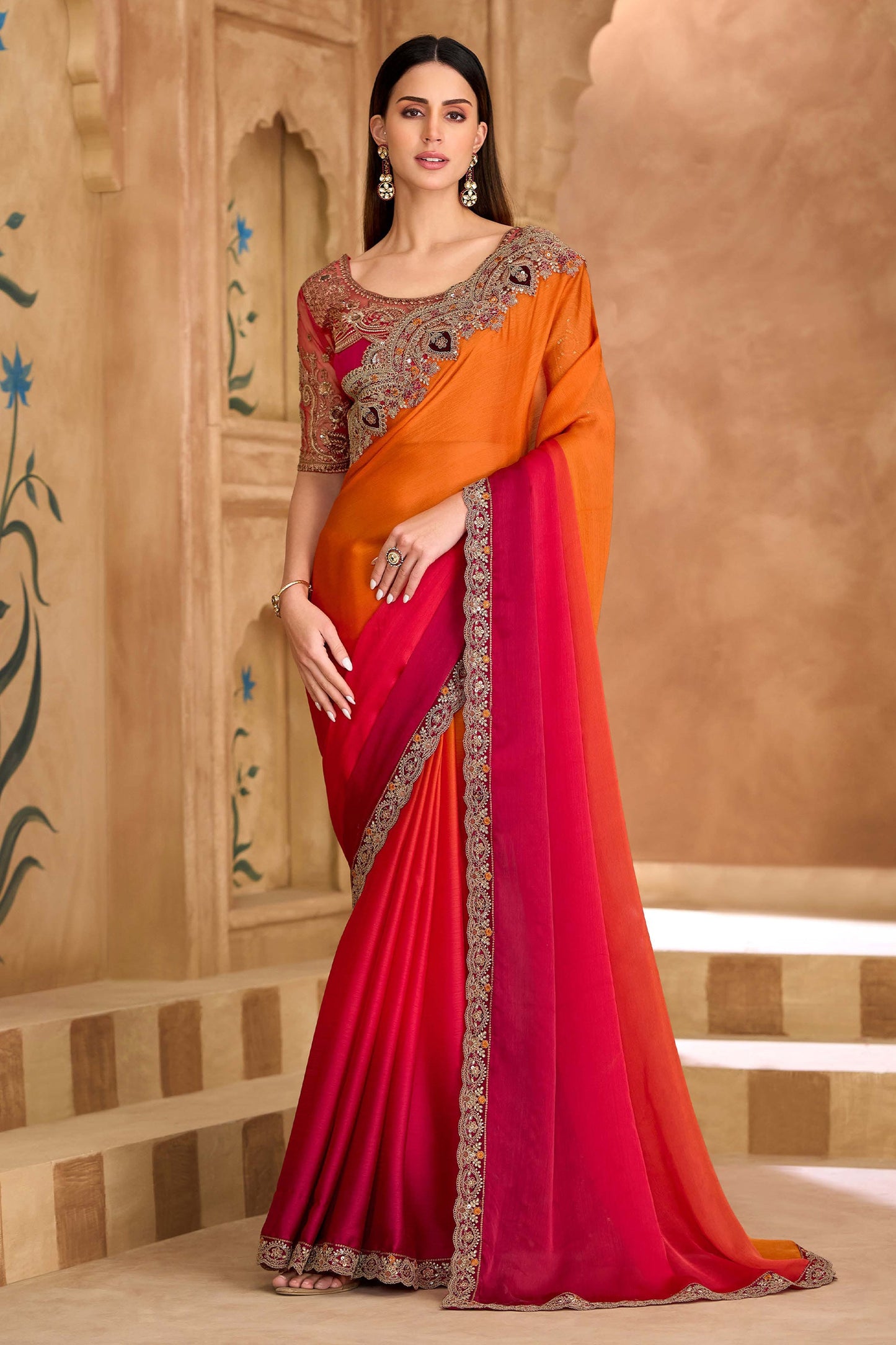 Orange and Red Embroidered Chiffon Saree-SAR11707_1_SareeButa.com