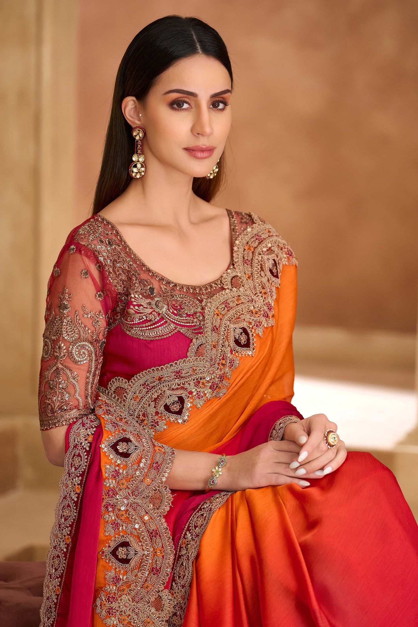 Orange and Red Embroidered Chiffon Saree-SAR11707_2_SareeButa.com