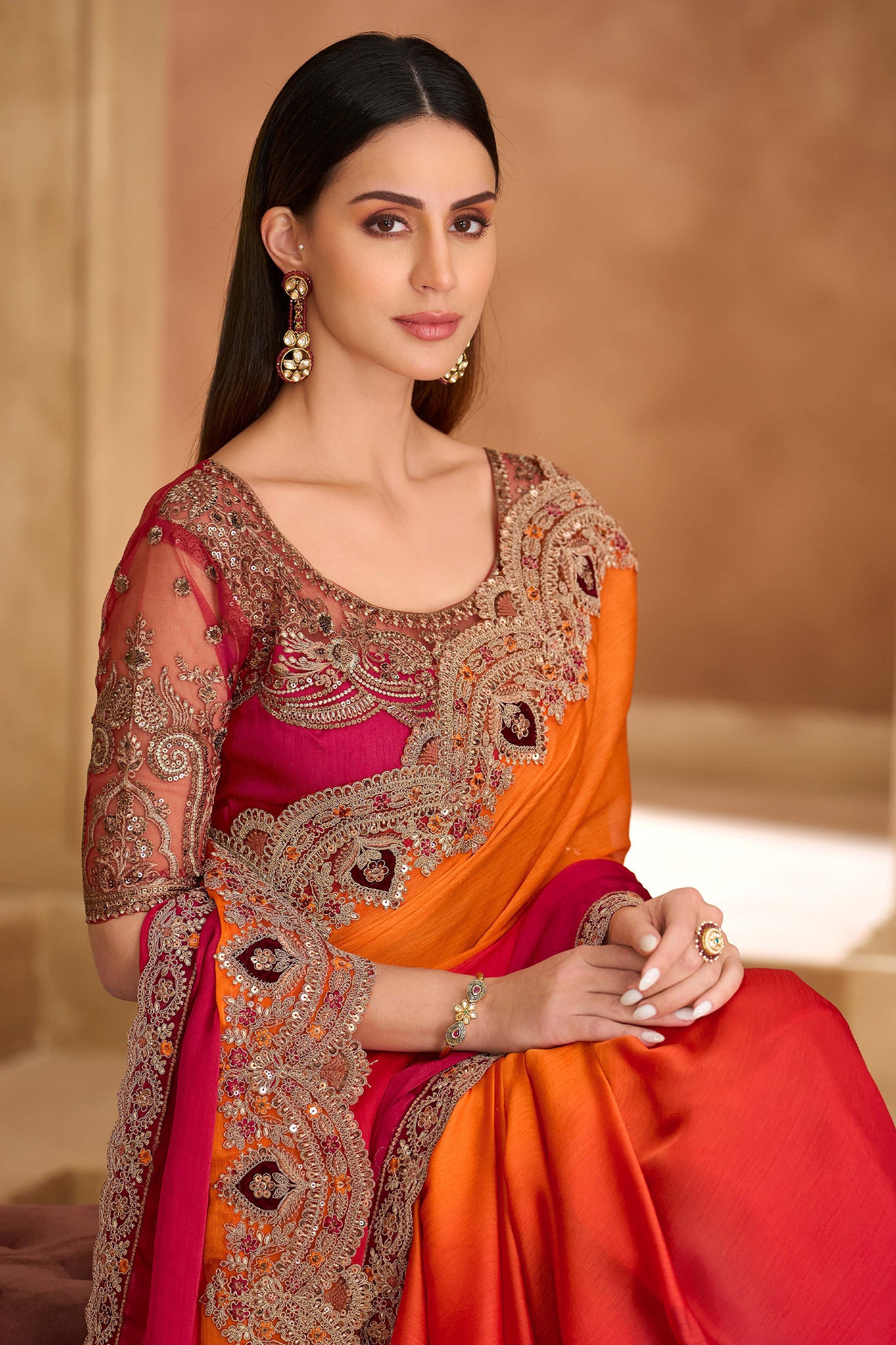 Orange and Red Embroidered Chiffon Saree-SAR11707_2_SareeButa.com