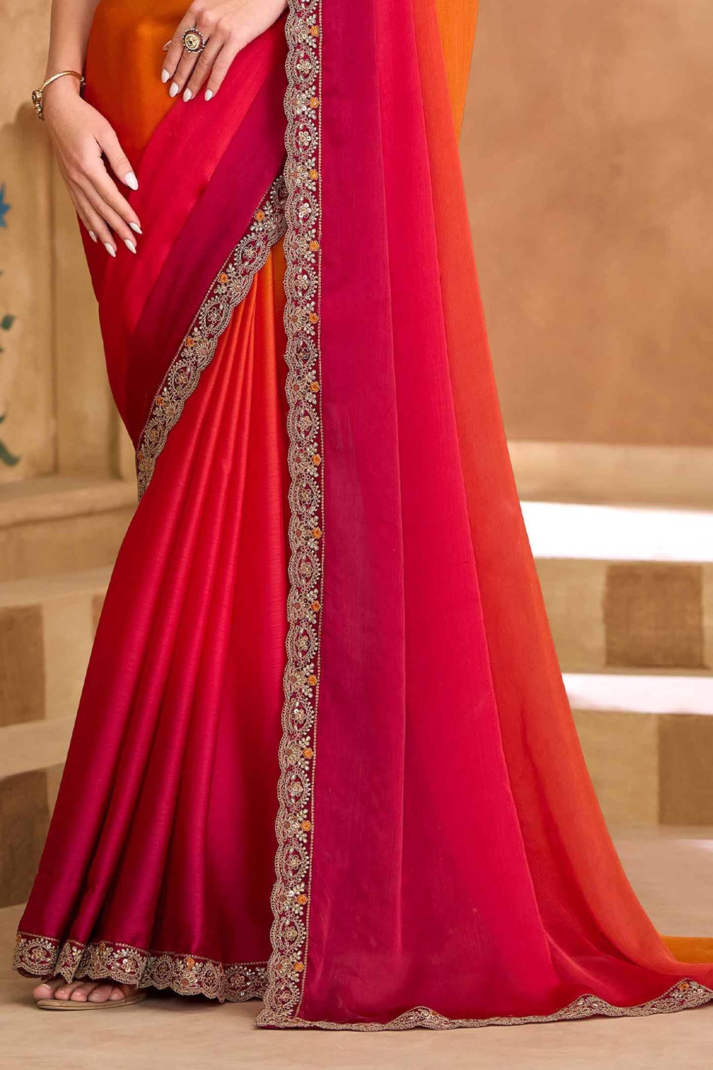 Orange and Red Embroidered Chiffon Saree-SAR11707_4_SareeButa.com