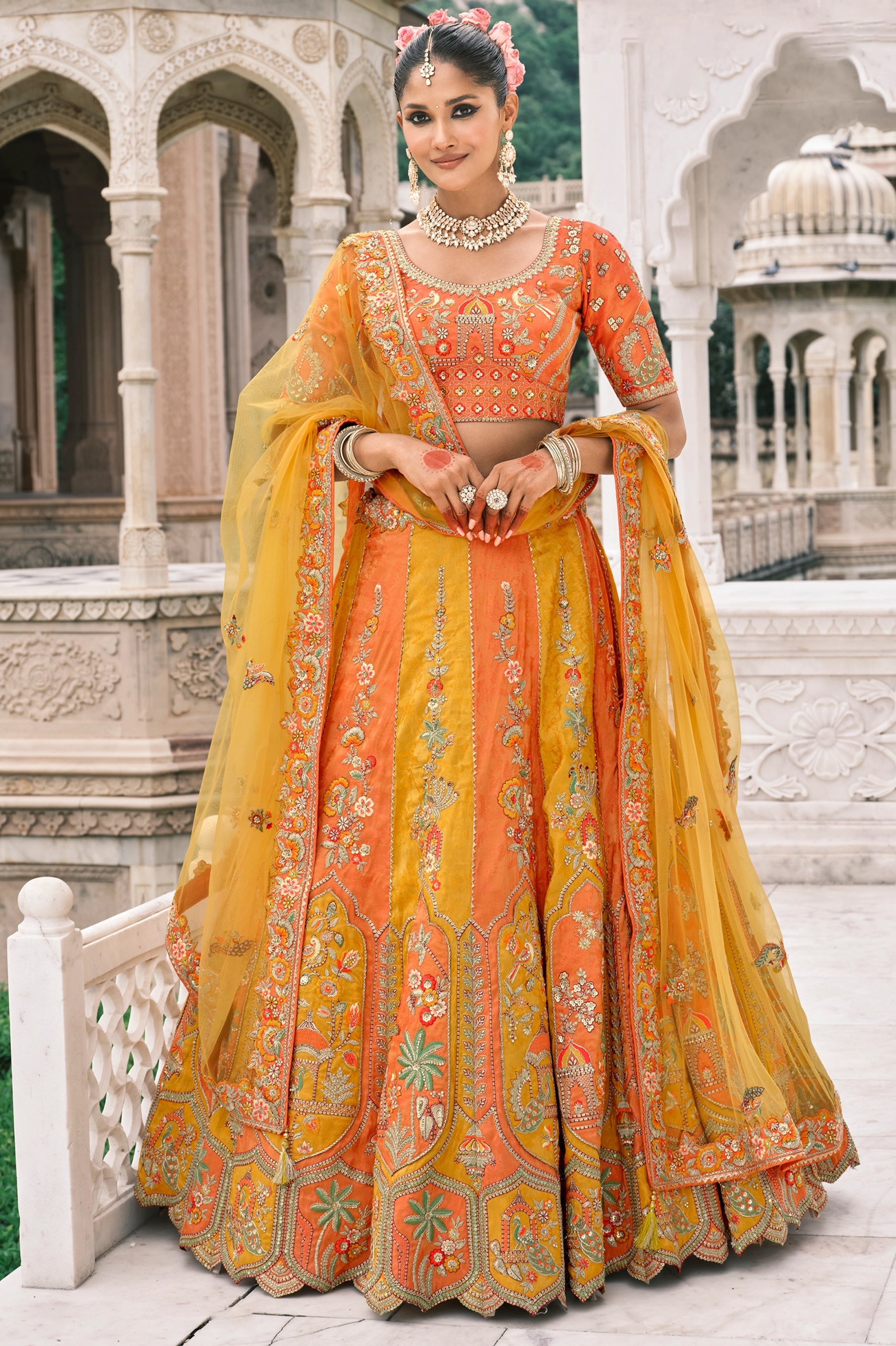 Orange and Yellow Semi-Stitched Embroidered Silk Lehenga-SAR10431_1_SareeButa.com