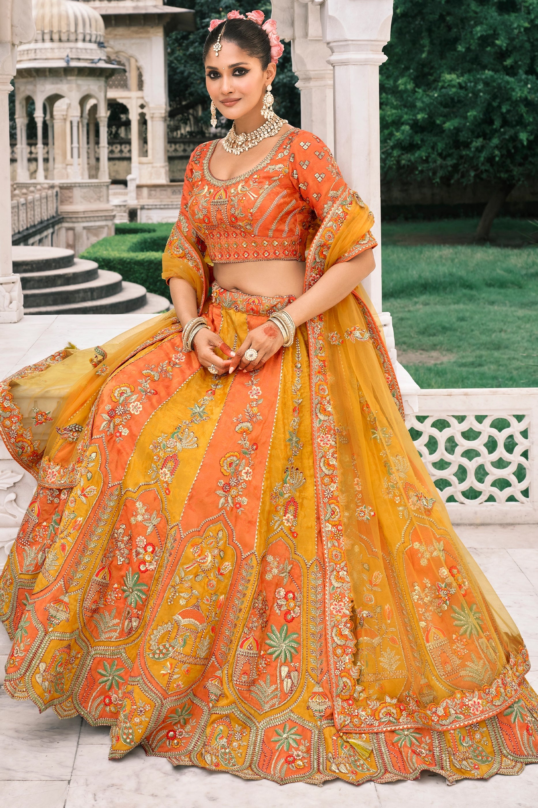 Orange and Yellow Semi-Stitched Embroidered Silk Lehenga-SAR10431_3_SareeButa.com