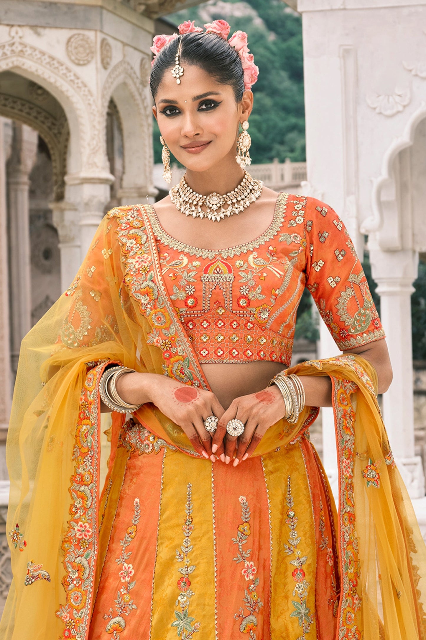 Orange and Yellow Semi-Stitched Embroidered Silk Lehenga-SAR10431_4_SareeButa.com