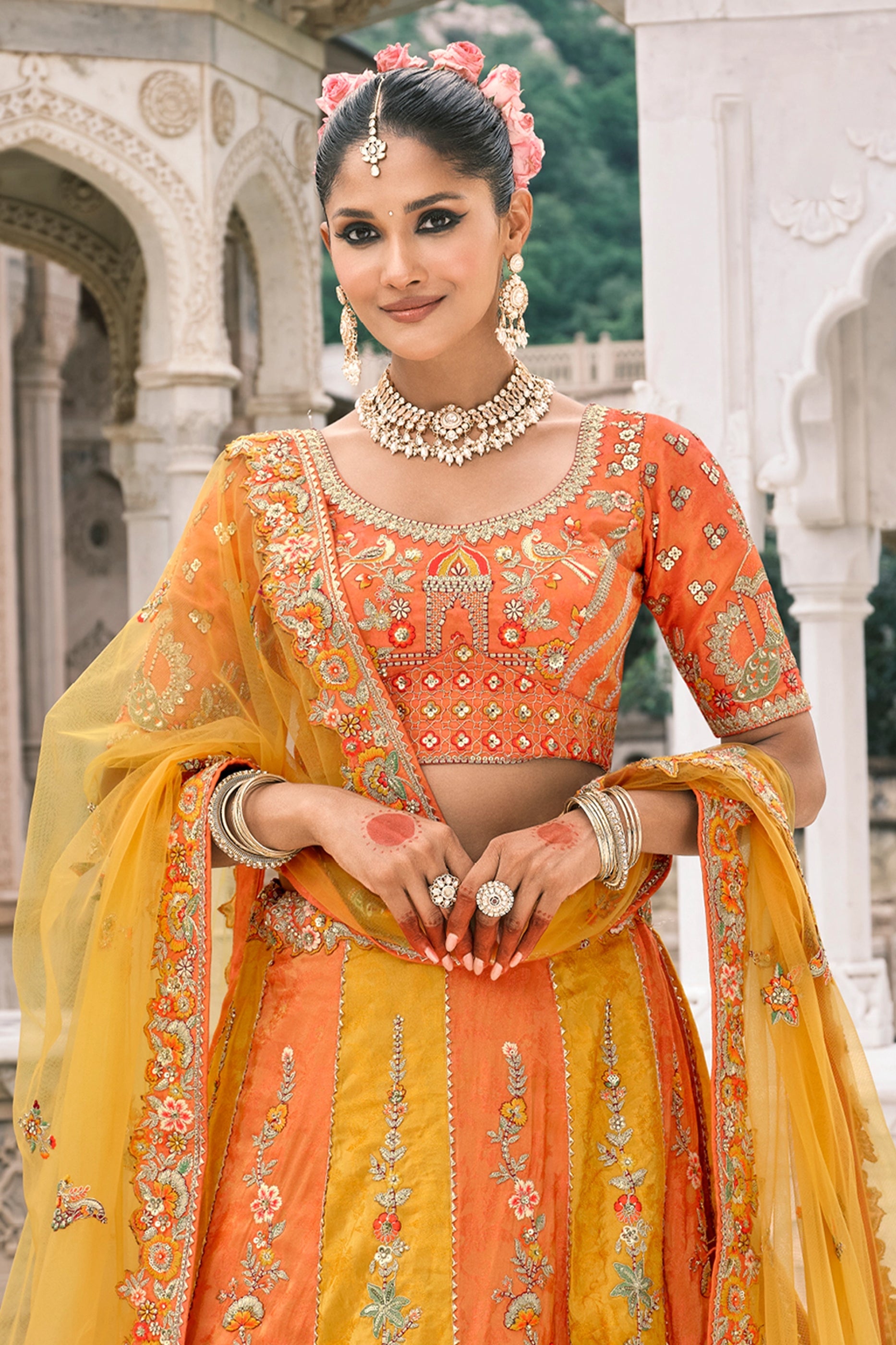 Orange and Yellow Semi-Stitched Embroidered Silk Lehenga-SAR10431_4_SareeButa.com