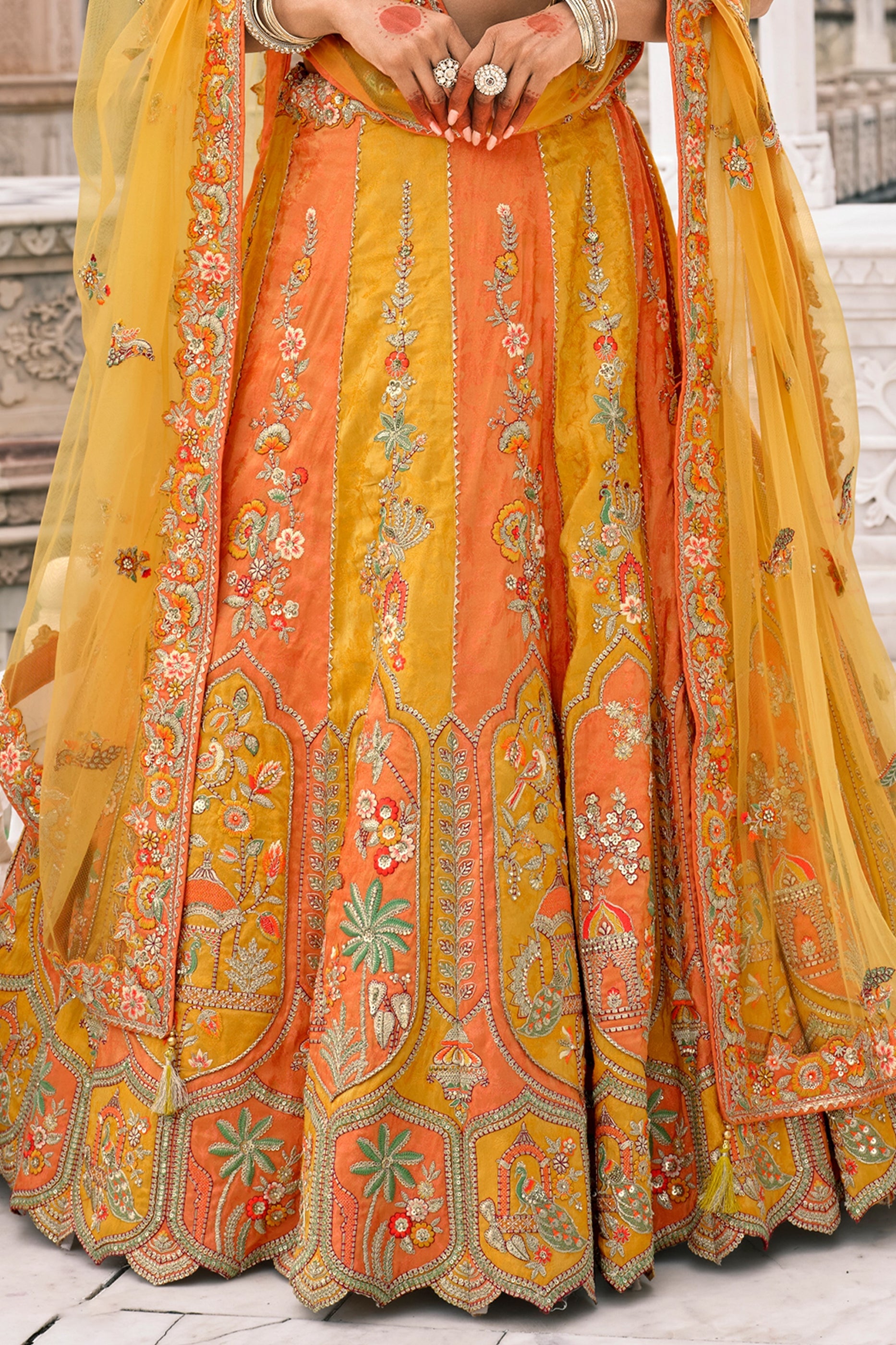 Orange and Yellow Semi-Stitched Embroidered Silk Lehenga-SAR10431_5_SareeButa.com