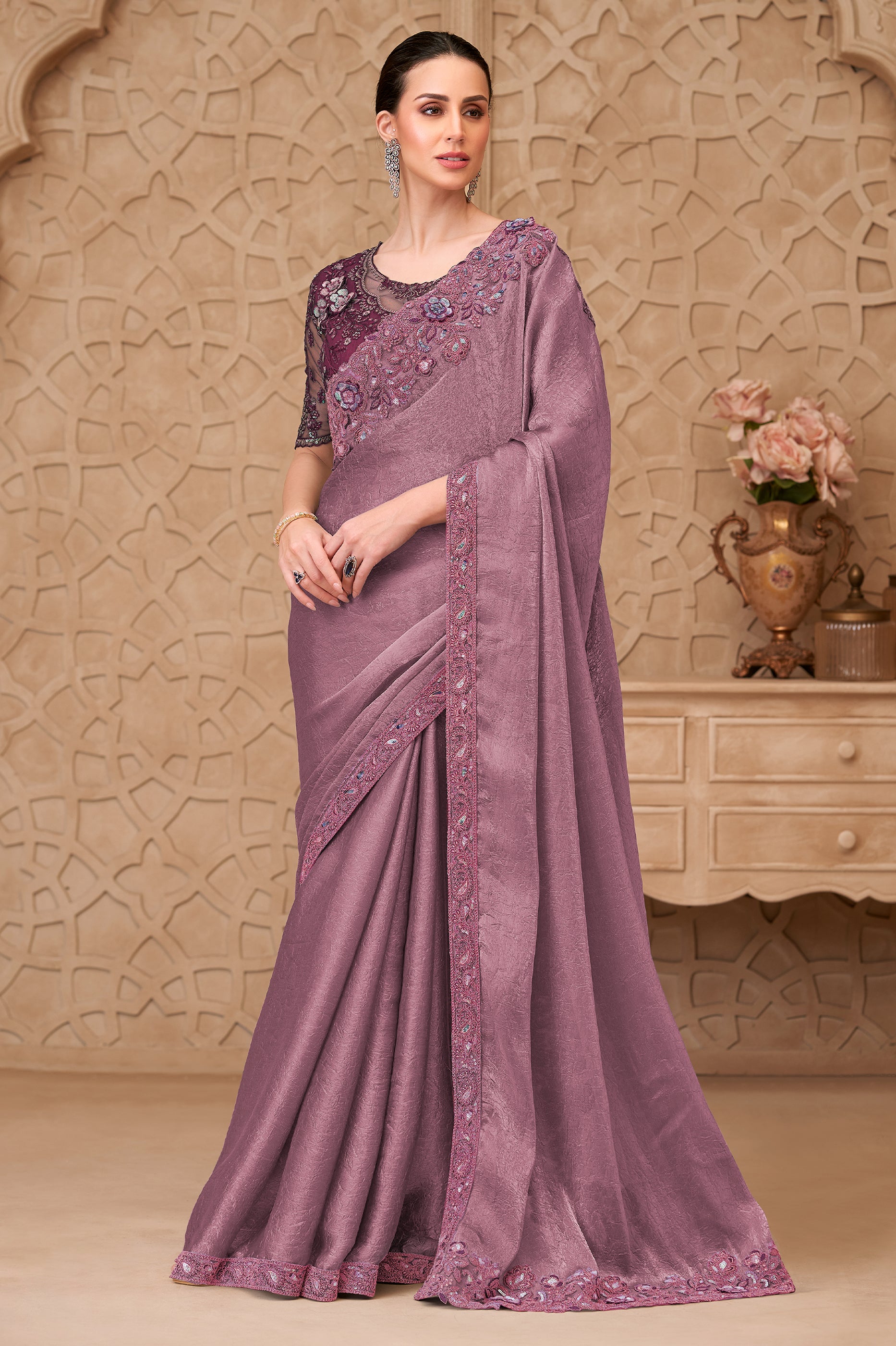 Orchid Purple Embroidered Crush Satin Georgette Saree-SAR12462_1_SareeButa.com