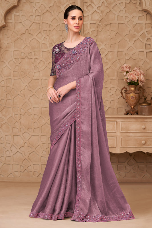 Orchid Purple Embroidered Crush Satin Georgette Saree-SAR12462_1_SareeButa.com