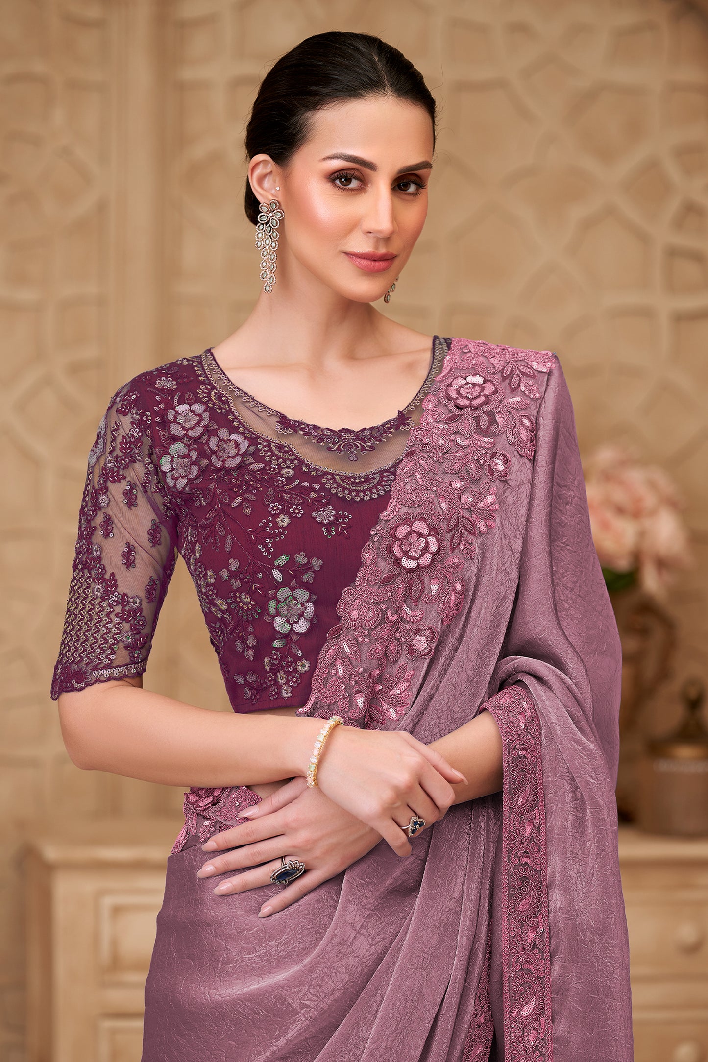 Orchid Purple Embroidered Crush Satin Georgette Saree-SAR12462_2_SareeButa.com