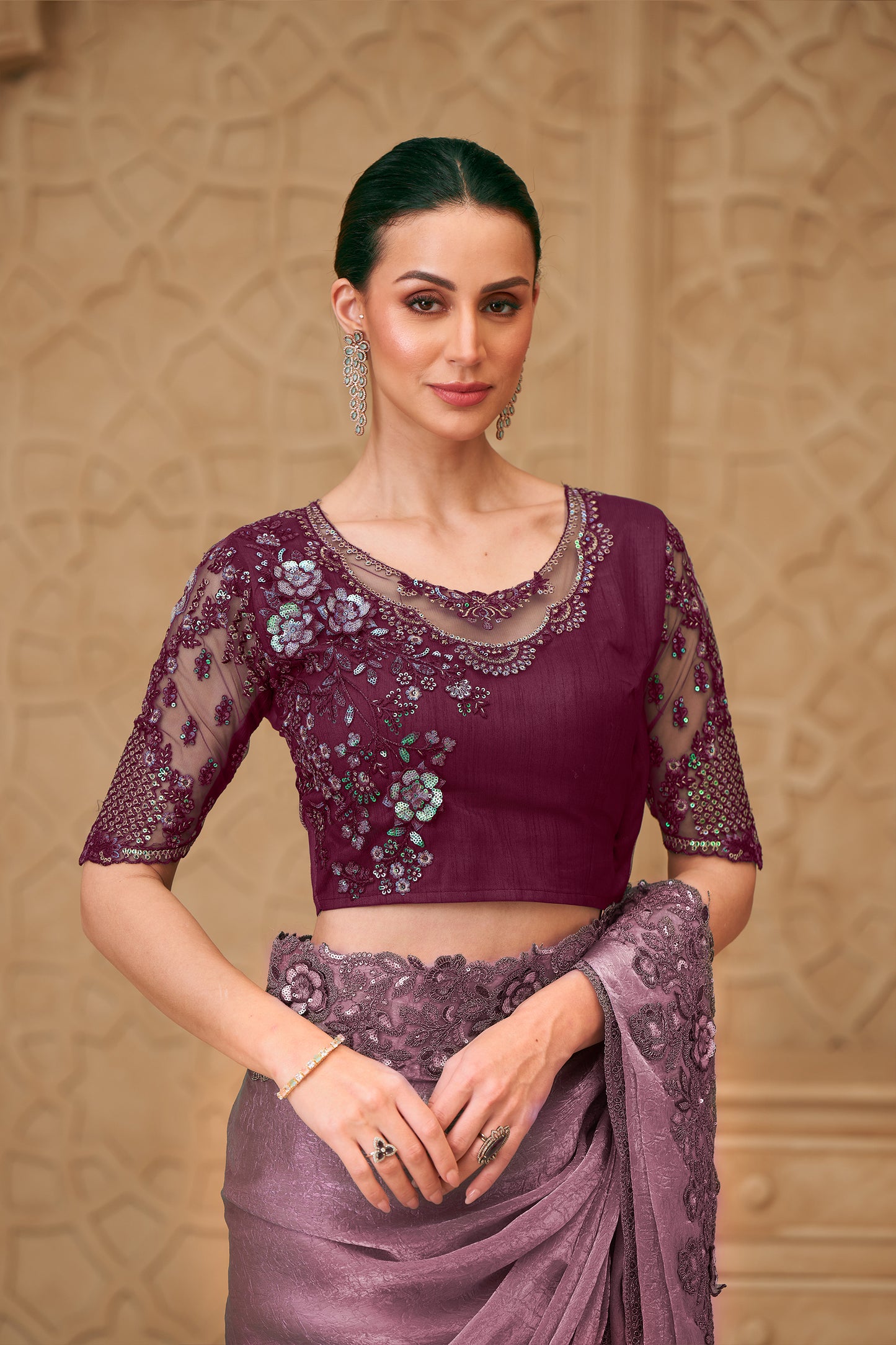 Orchid Purple Embroidered Crush Satin Georgette Saree-SAR12462_4_SareeButa.com