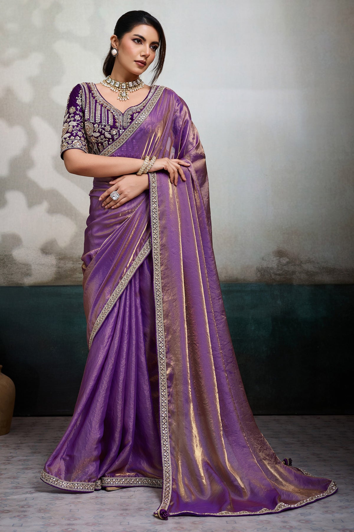 Orchid Purple Velvet Satin Saree With Readymade Blouse-SAR12908_1_SareeButa.com