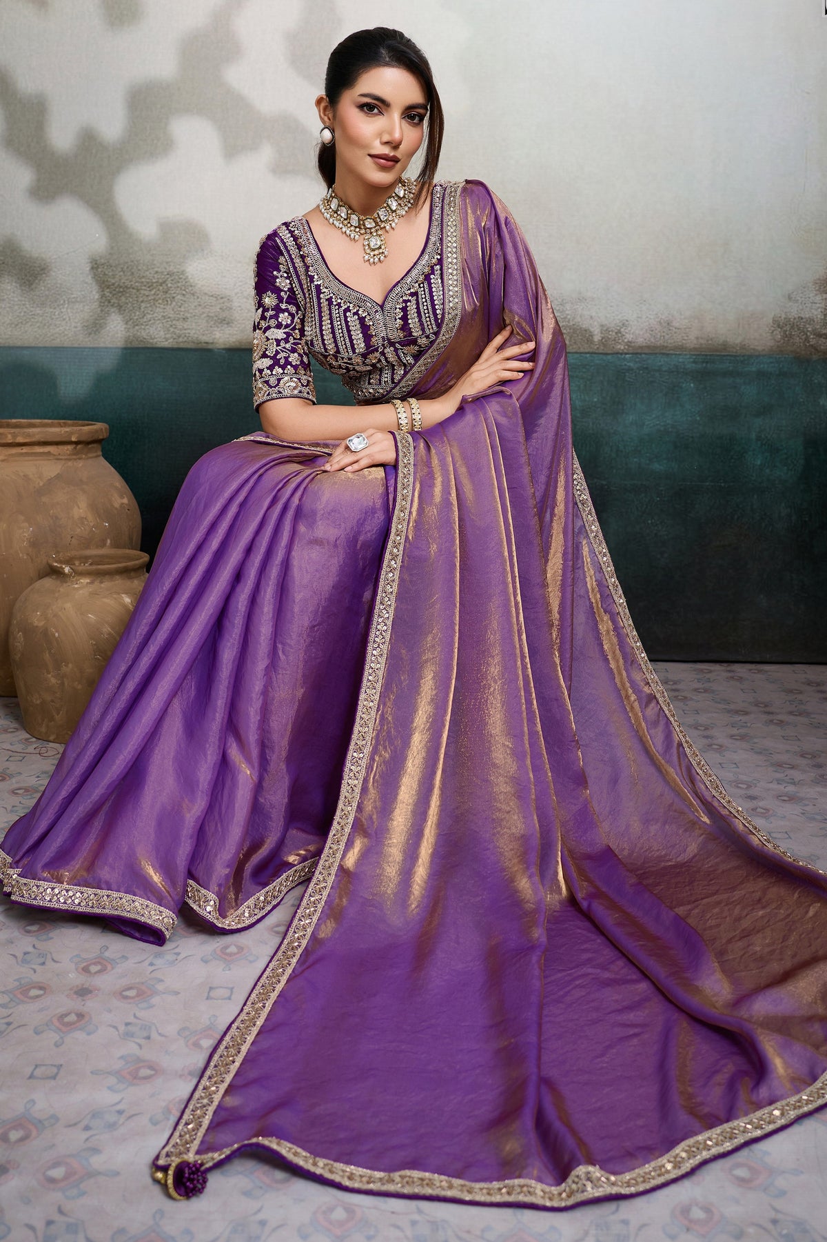 Orchid Purple Velvet Satin Saree With Readymade Blouse-SAR12908_4_SareeButa.com