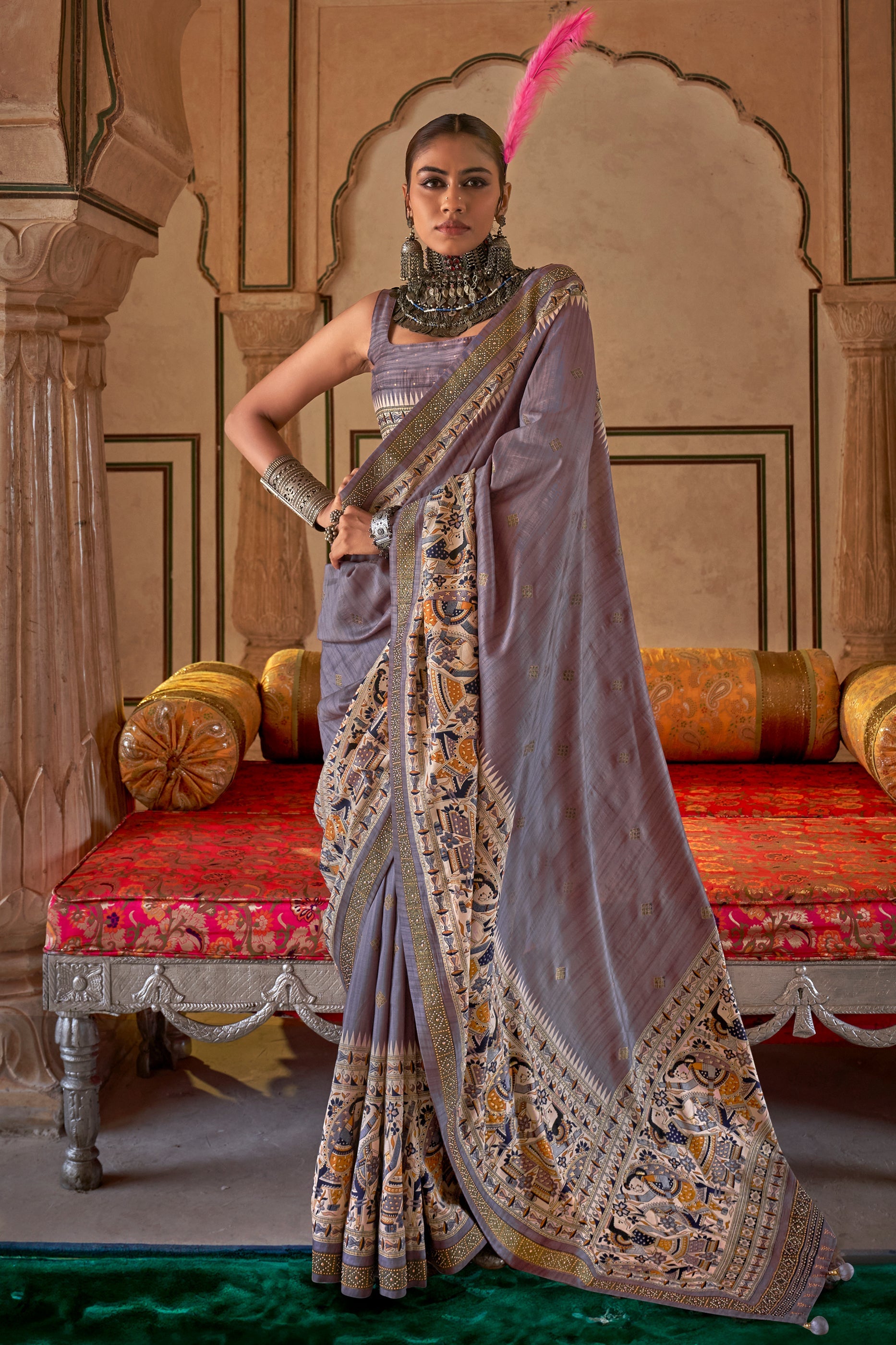 Oxford Grey Printed Viscose Silk Saree-SAR10082_1_SareeButa.com