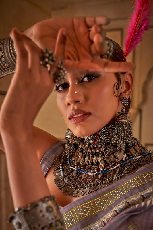 Oxford Grey Printed Viscose Silk Saree-SAR10082_2_SareeButa.com