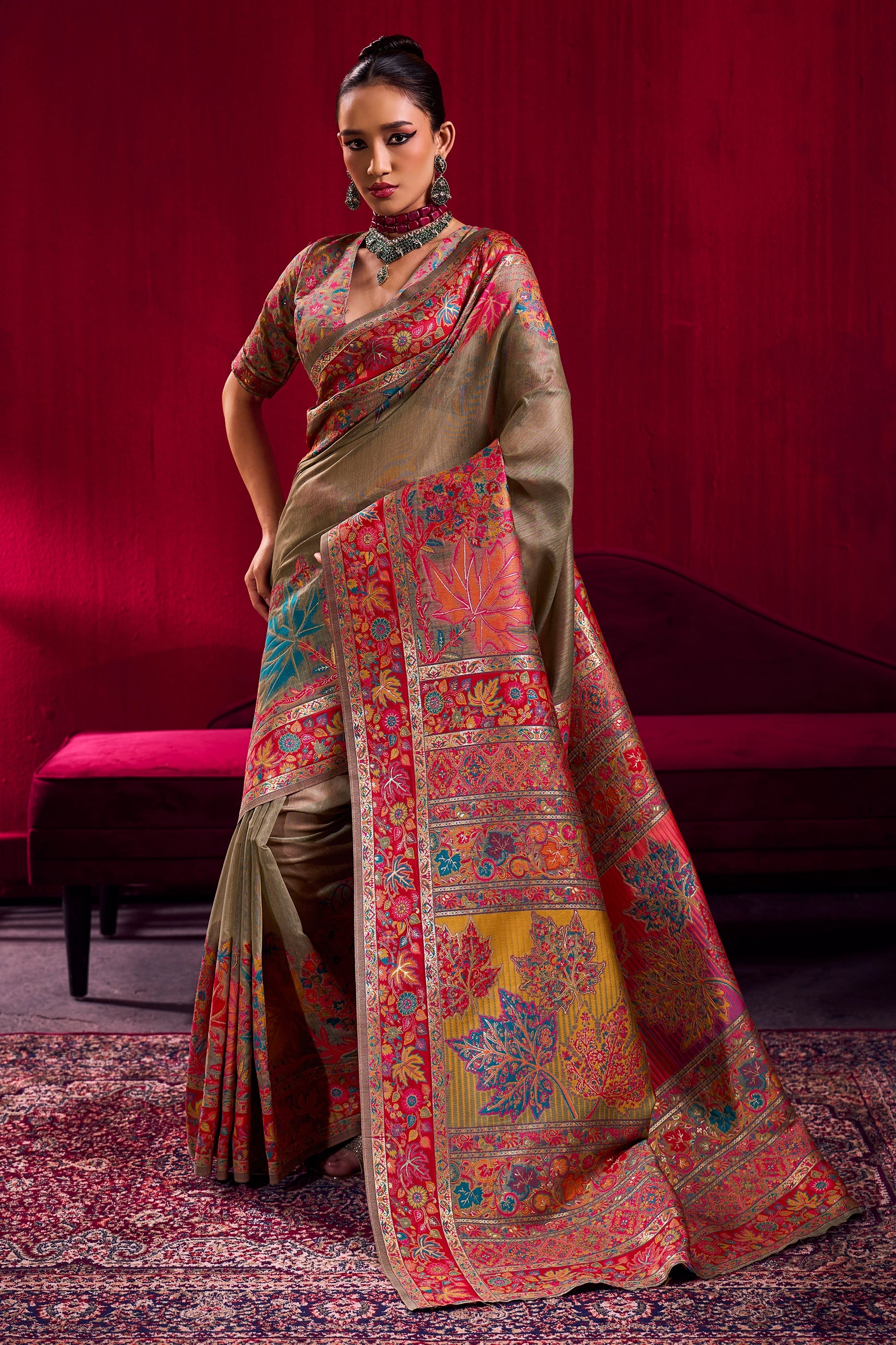 Oyester Grey Woven Kashmiri Jamewar Modal Silk Saree-SAR12357_1_SareeButa.com