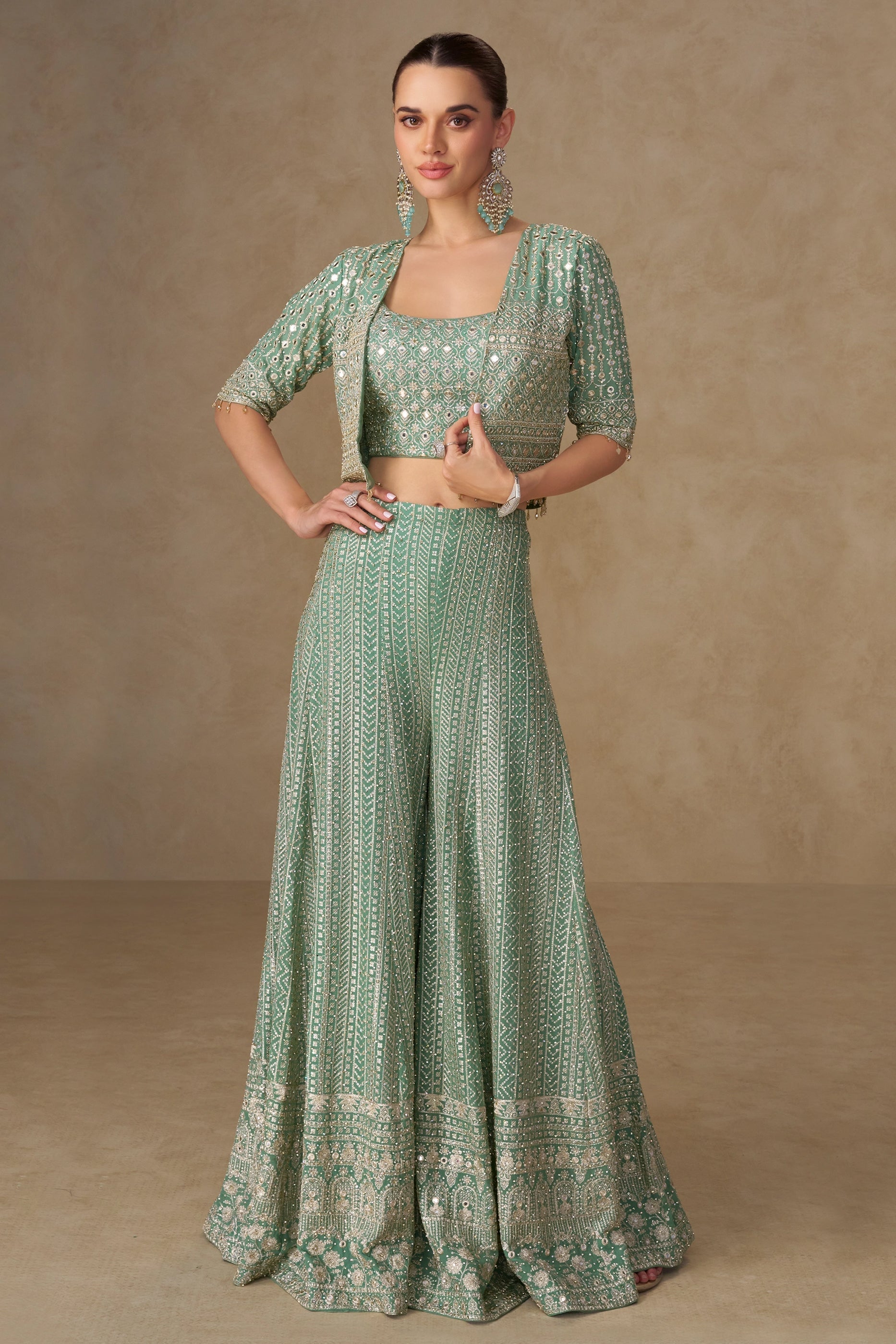 Pale Green Readymade Georgette Palazzo Set With Shrug-SAR11054_1_SareeButa.com