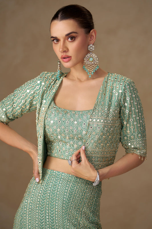 Pale Green Readymade Georgette Palazzo Set With Shrug-SAR11054_2_SareeButa.com