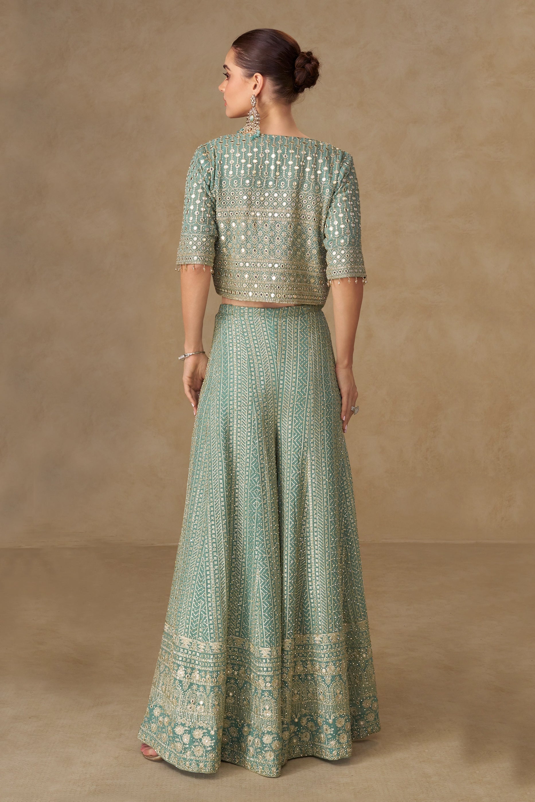 Pale Green Readymade Georgette Palazzo Set With Shrug-SAR11054_3_SareeButa.com