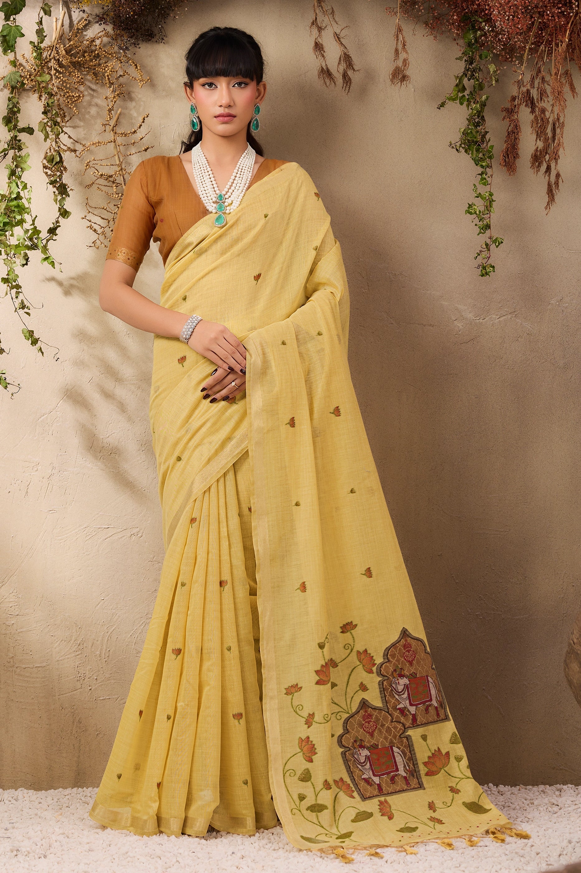 Pale Yellow Woven Munga Cotton Saree-SAR11215_1_SareeButa.com
