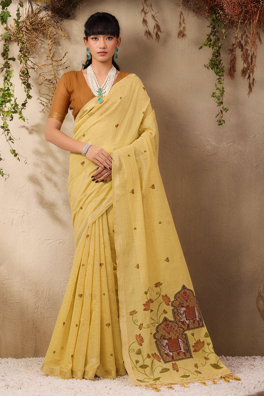 Pale Yellow Woven Munga Cotton Saree-SAR11215_1_SareeButa.com